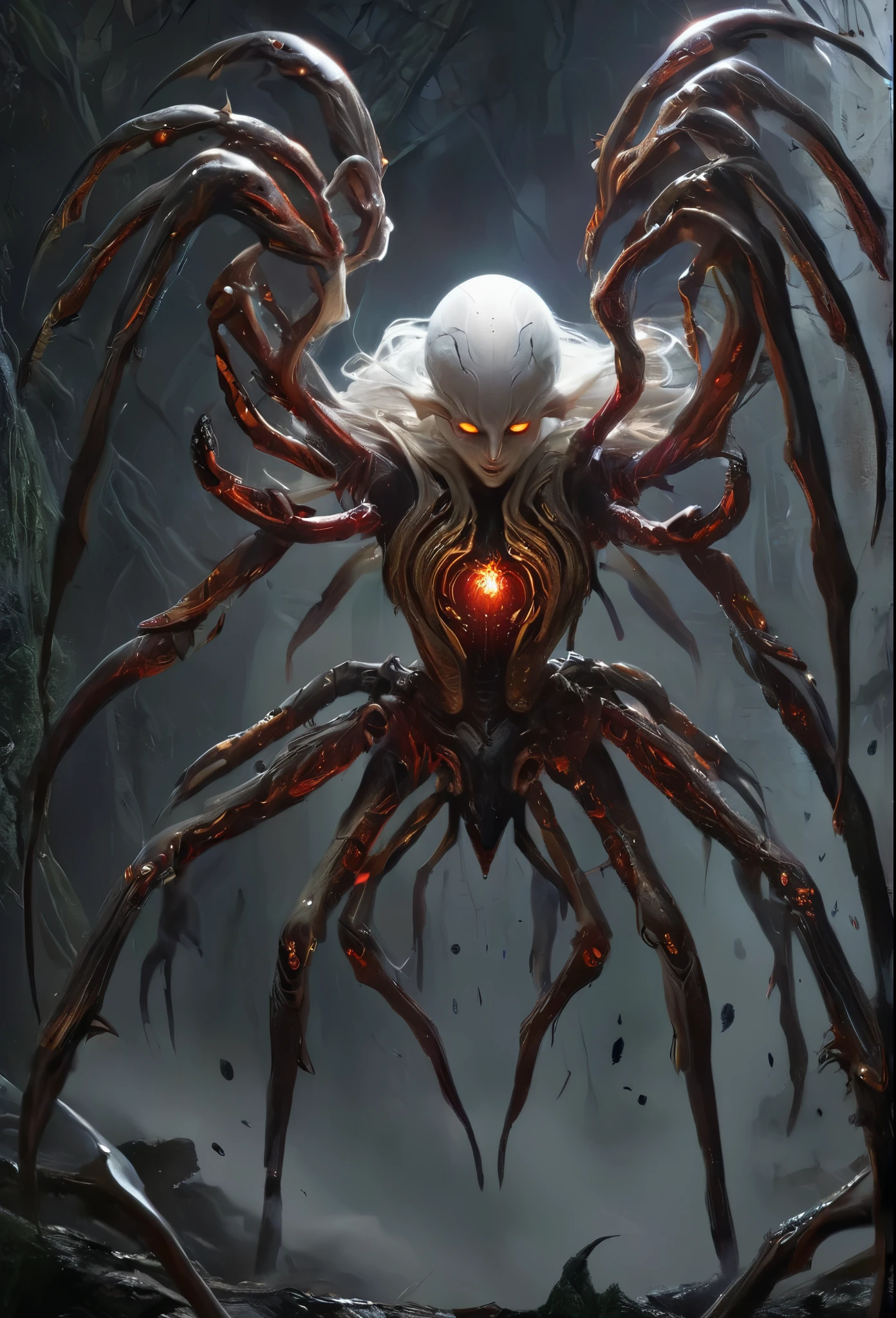 best quality,4k,8k,highres,masterpiece:1.2),ultra-detailed,realistic,photorealistic:1.37,this creature, a terrifying fusion of spider and human female with six arms, embodies a grotesque harmony of two distinct forms. Its upper body retains the unmistakable features of a woman, albeit distorted by the merging process. its eyes gleam with a sinister intelligence, more arachnid than human. (beautiful long hair, white skin:1.3), (red lipss)

From the torso sprout four additional limbs, elongated and jointed like a spider's, yet retaining a disturbingly human fleshiness. These arms are equipped with fingers that end in sharp, chitinous claws, capable of rending flesh with ease.

The lower body is a fusion of spider and human anatomy, with the abdomen stretching out behind like that of a monstrous arachnid. Jagged spines protrude from its exoskeleton, each one a reminder of its unnatural origins. The legs, a grotesque combination of human thighs and spider's hairy appendages, provide both agility and strength, enabling it to skitter across surfaces with alarming speed and grace.

In its presence, one cannot help but feel a primal fear, as if staring into the abyss where human and arachnid merge to create a nightmare incarnate.