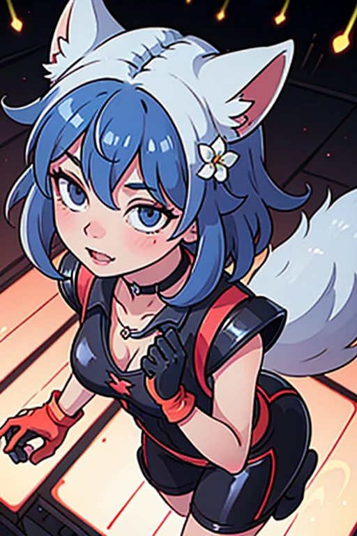 verinadef, blue hair, hair ornament, medium hair,  hair flower, gloves, red latex gloves,
detailed eyes, shining eyes, 
choker, necklace, on stage, shining skin, light up skin, oily detailed skin, 
((vivid light up to the stage)), (fox ears), a fox tail, vivid orange latex leotard, kneeling , arms open,
The crowd is cheering loudly, vivid color light up, vibrant colors, masterpiece, sharp focus, enhanced color contrast, from above, side dynamic angle,
((highly detailed background:1.2)),(masterpiece:1.2), best quality, 