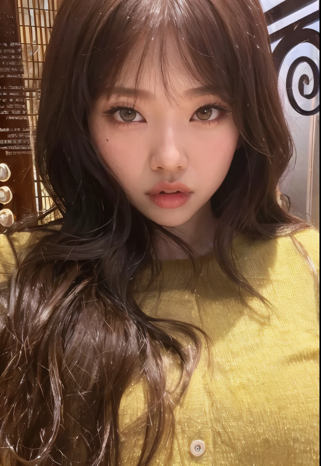 Close up of woman with long hair wearing yellow sweater, resin drainage, Larisa Manoval, sun yunjoo, Imposter, Best Face, Larissa Manoban of Blackpink, Chiho, Jinyoung Shin, Wow lovely Korean face, Shikamimi, Jaeyeon Nam, jimin park, Imposter completo, Fluffy bangs
