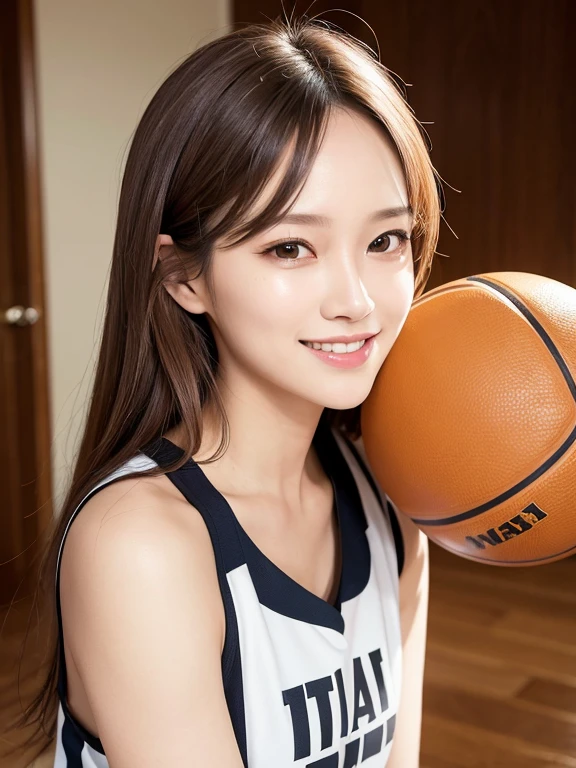 masterpiece, highest quality, High resolution,alone,Brown,artistic,Best lighting,casual,Flat Chest,Beautiful Face,expensive,smile,light makeup,Age 24,Calm woman,Detailed Hair,Laughing woman,Face Focus,Forehead,A woman wearing a basketball uniform,jogging