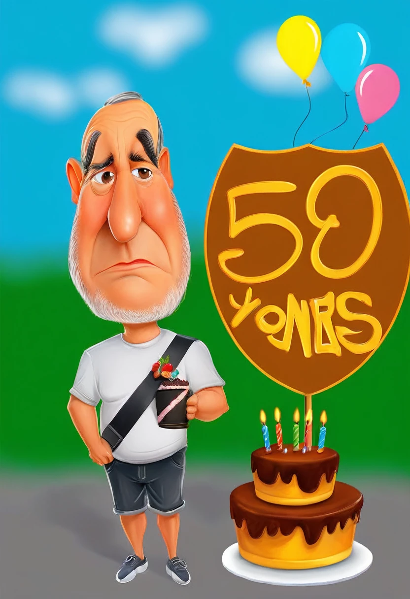 8k, drawing of a man with a birthday cake and a sign that says 365 games, 50 years, 50 years, 50 years man, he is about 50 years, he is about 50 years, 50 years men, 7 0 years, 70 years, caricature illustration, caricature!!!