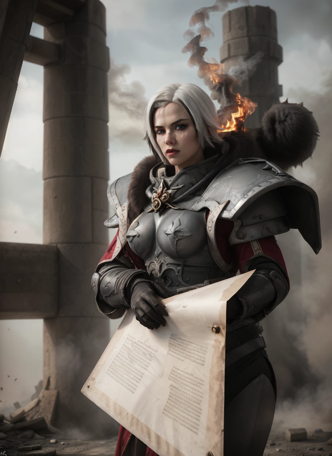 High-quality photography by Whsororitas, standing with a sword in his hands Whsororitas, 1 girl, ruins of a burning city in the background, dust and smoke, atmospheric lighting, Scrolls of white paper with text, Red wax seals, rich colors, The Face of Charlize Therion, star trek cinematic,Warhammer 40k, Красивый face, detailed face, Image with a sword. high detail, very clear and complex graphics... octane number, 3D character rendering 8K , the entire body of the character is highly detailed, Beautiful, very detailed, Dynamic, Cinematic, deafening, Realistic lighting and shading, harlequin, hair between eyes, black hair, White hair, short hair, coat, fur trim, fur-trimmed coat, (X-shaped eyes, Eyes in the shape of symbols, Slanted eyes),high detail и очень четкое и сложное искусство.. Octane render, 3D character rendering 8K , all body character with high detail, Beautiful

