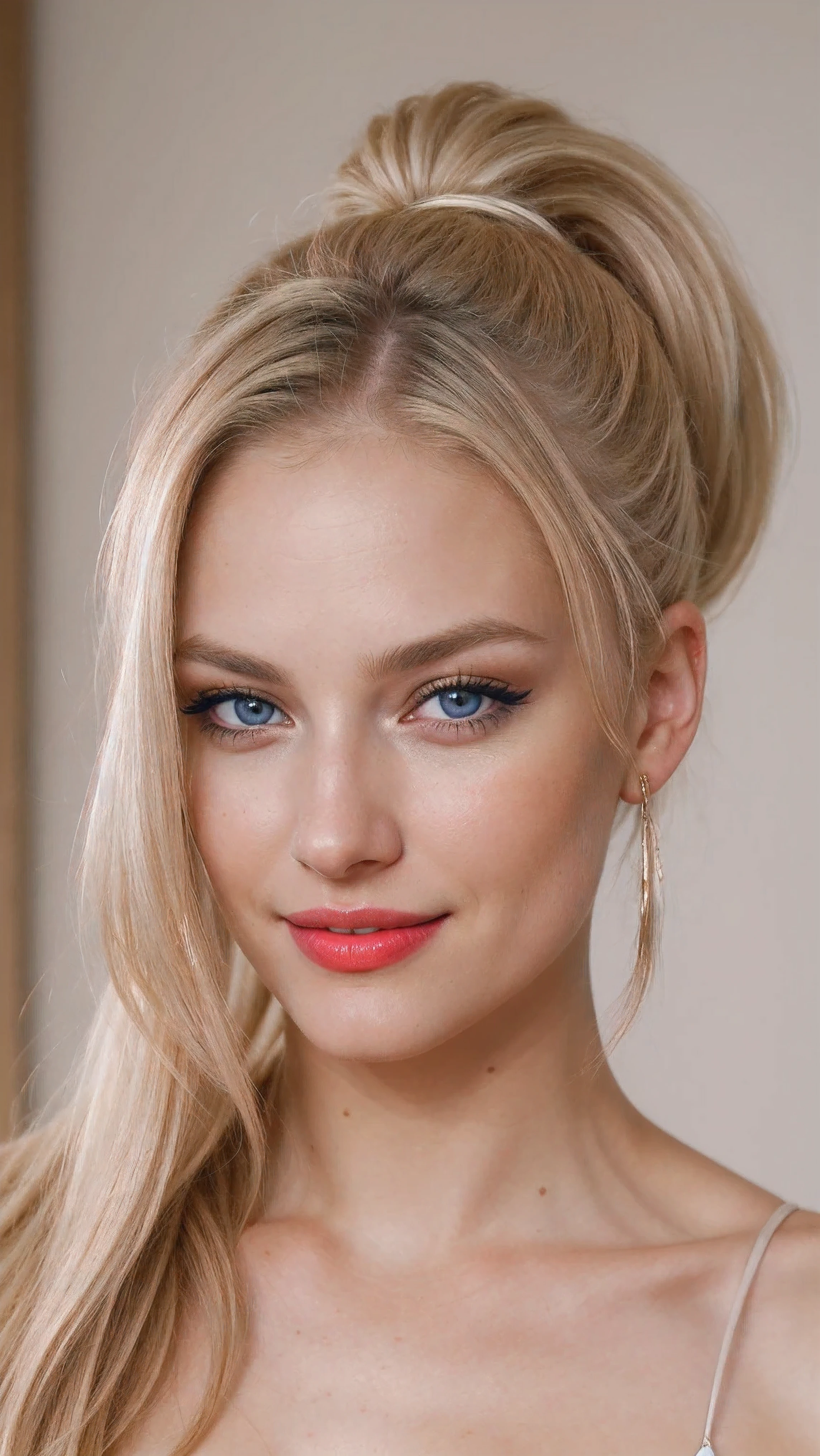 an eye contact of a blond, blue eyes and georgous lipps, looking sexy, horny, dezent make up, beautiful hair, smiling, showing teeth, brown strikes in hair, dezent red lips, pony tail