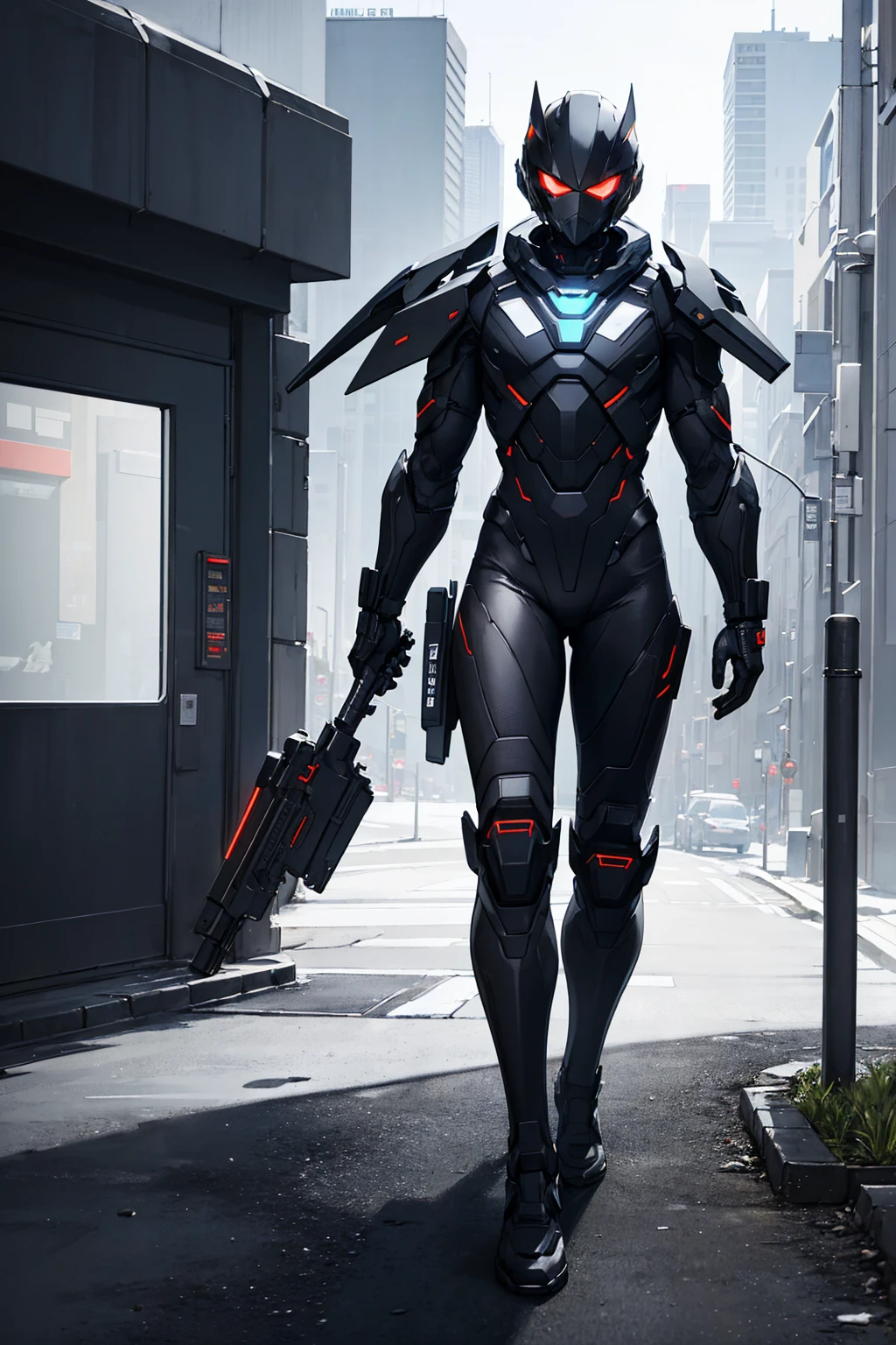 A ager wearing black High-Tech suit black jacket High-tech tactical helmet sci-fi city full-body shot Hero character design