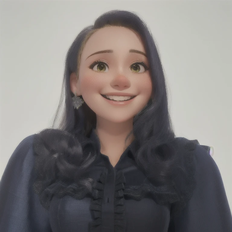 Mulher sorridente com coroa e vestido de princesa. No fundo, um castelo.