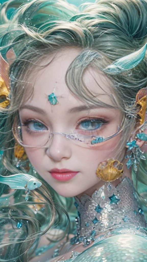 (RAW shooting, 32k, highest quality, masterpiece, Ultra-high resolution), (Under the sea at night:1.0, Dramatic moonlight:0.7, Mysterious underwater world:1.3, Expressions of sadness:1.0), Fractal Art:1.3, Perfect dynamic composition:1.2, Very detailedな肌と顔の質感:1.2, Beautiful shell and coral decoration, Surrounded by lots of colorful fish, Rich underwater vegetation, (View the subject from a distance:1.3, Dynamic flow of water waves:1.2, Slim mermaid figure:1.0, Shimmering Scales, Mermaid tail), Fair skin, Incredibly slim body:1.0, Very beautiful face, Water droplets on the skin, Very detailed, Gorgeous silver shiny dress portrait, Big eyes that exude beauty, Beautiful big lips, elegant and sophisticated, Unreal atmosphere, necklace, Earrings, bracelet