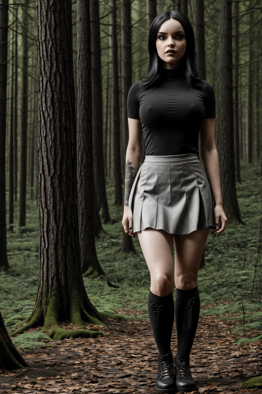 Mavis Dracula, goth girl, ((Artwork, best quality)), detailed skin, 16k, highly detailed, Cinematic lighting, ultra realistic, blushing, looking at viewer, black hair, short hair, pale-white skin, air free, cleavage, big breasts, wide hips, full body view, tall, skirt, miniskirt, microskirt, pleated skirt, thighs, head, standing in the forest, black lipstick, cute, lit, realistic shading, gothic aesthetic, atmosphere dream,
