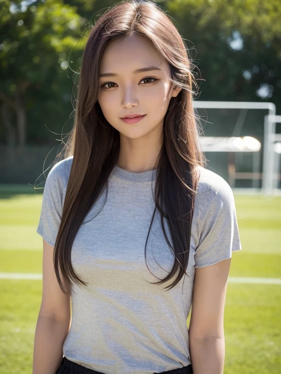 masterpiece, highest quality, High resolution,alone,Brown,artistic,Best lighting,casual,Flat Chest,Beautiful Face,expensive,smile,light makeup,Age 24,Calm woman,Detailed Hair,Laughing woman,Face Focus,Forehead,Woman in football uniform,jogging