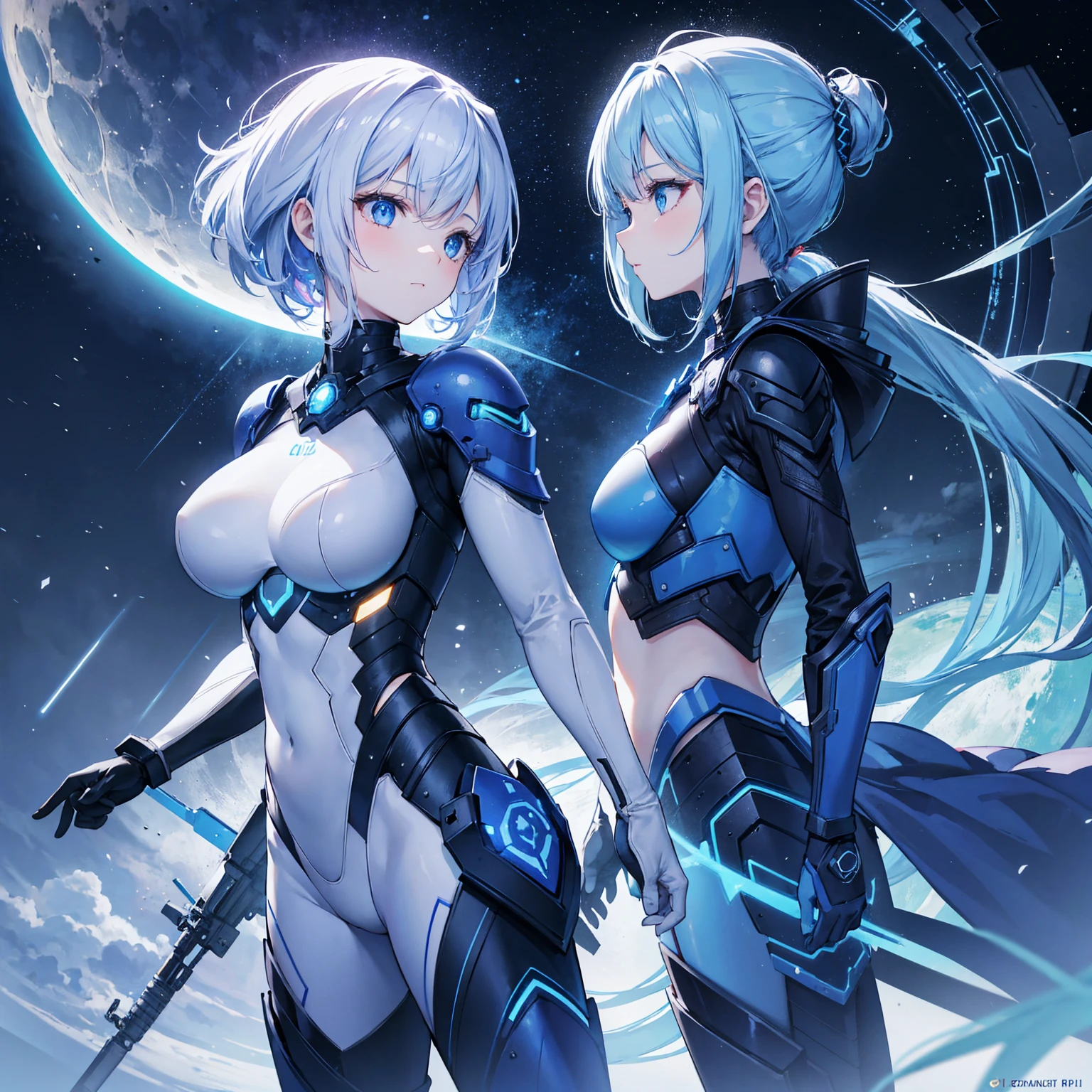 8k, highest quality, (real:1.4), Original photo, 1 girl, Asari Hair, Biological Amplifier, refined armor, posture: Peace talks between warring factions, smart blue eyes,Big moon in the background
