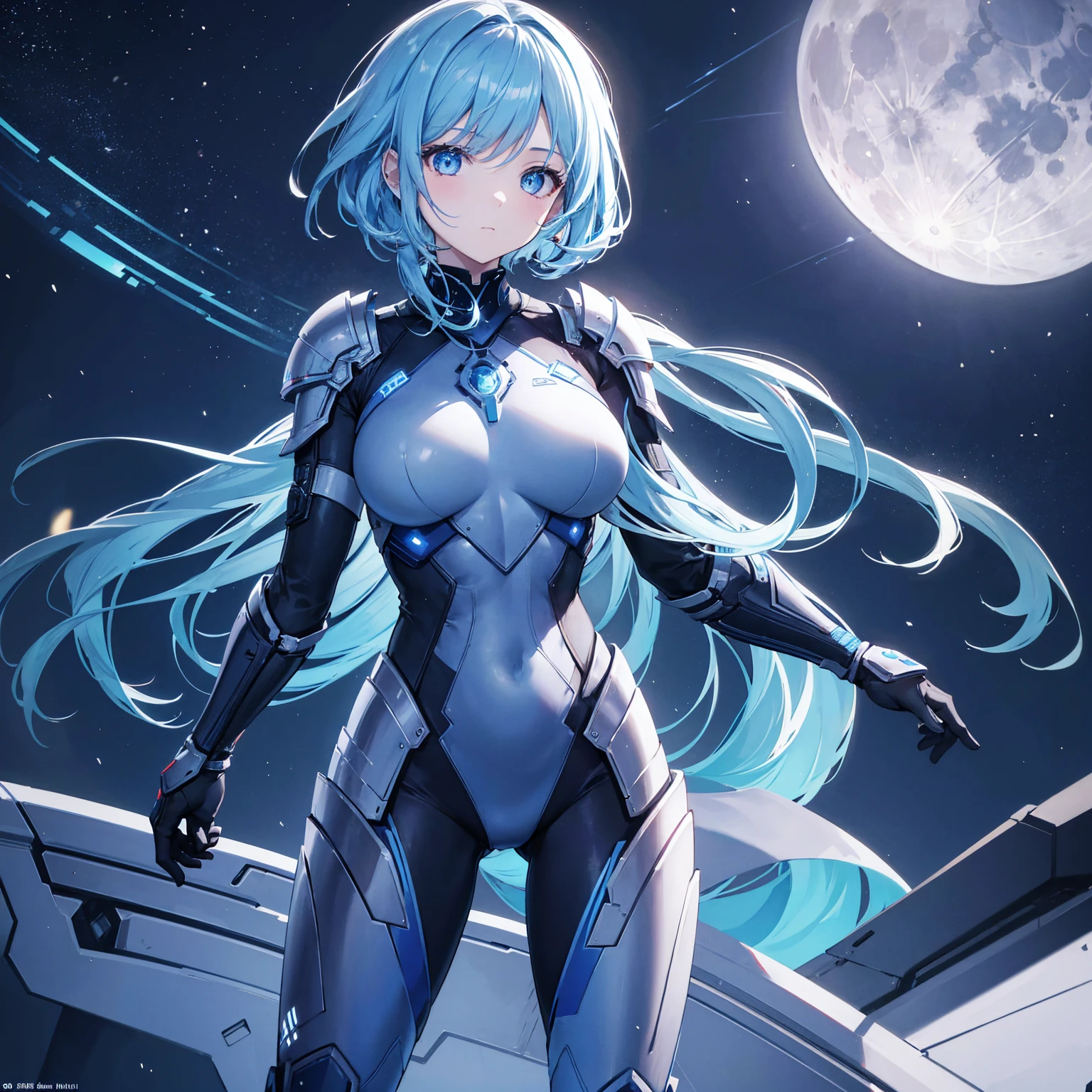 8k, highest quality, (real:1.4), Original photo, 1 girl, Asari Hair, Biological Amplifier, refined armor, posture: Peace talks between warring factions, smart blue eyes,Big moon in the background