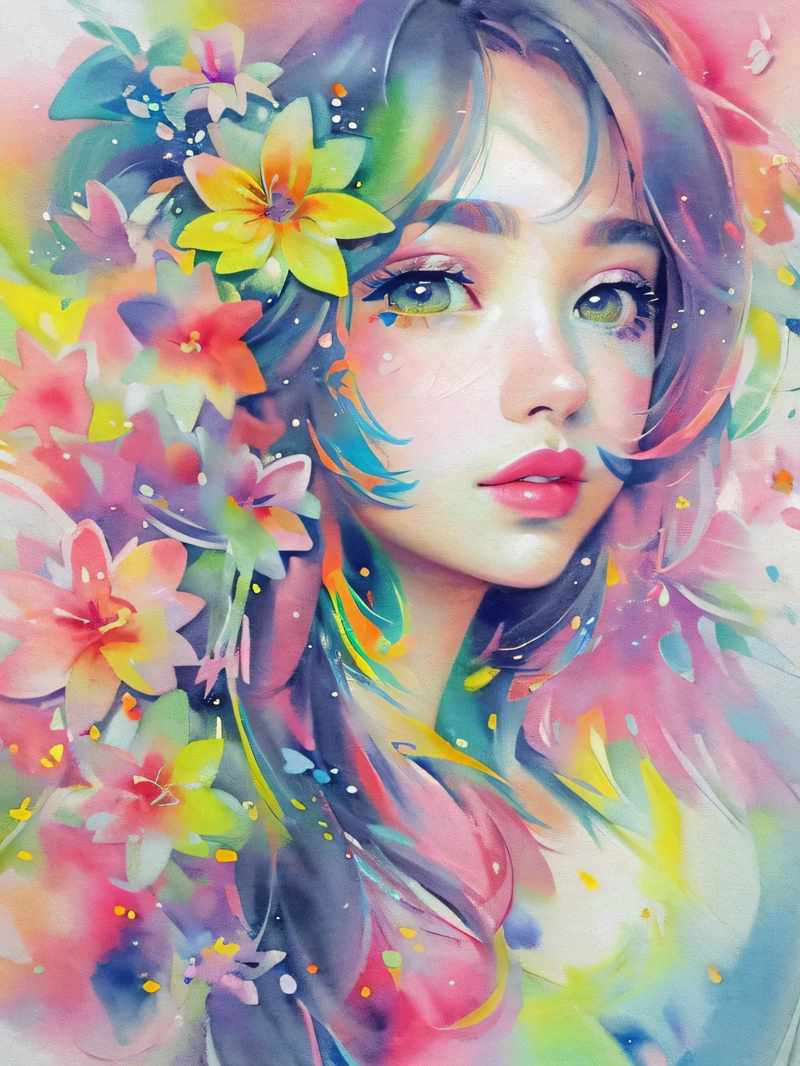 Momoko Sakura style、(((stylish fashion))), 8K Quality、Intense watercolor, Detailed watercolor art, Watercolor splash, Surreal, avant-garde pop art, Beautiful and expressive paintings, Beautiful artwork illustration, Very colorful tones, wonderful, Cool beauty, highest quality、Official Art, Vector art, Stylish design, (((The most beautiful girl))), (((highest quality))), HDR, ((detailed)), (((Doodle Art)), ((masterpiece)), ((Super detailed)), (((Colorful flowers))),(((Stylish))), Lips in Love