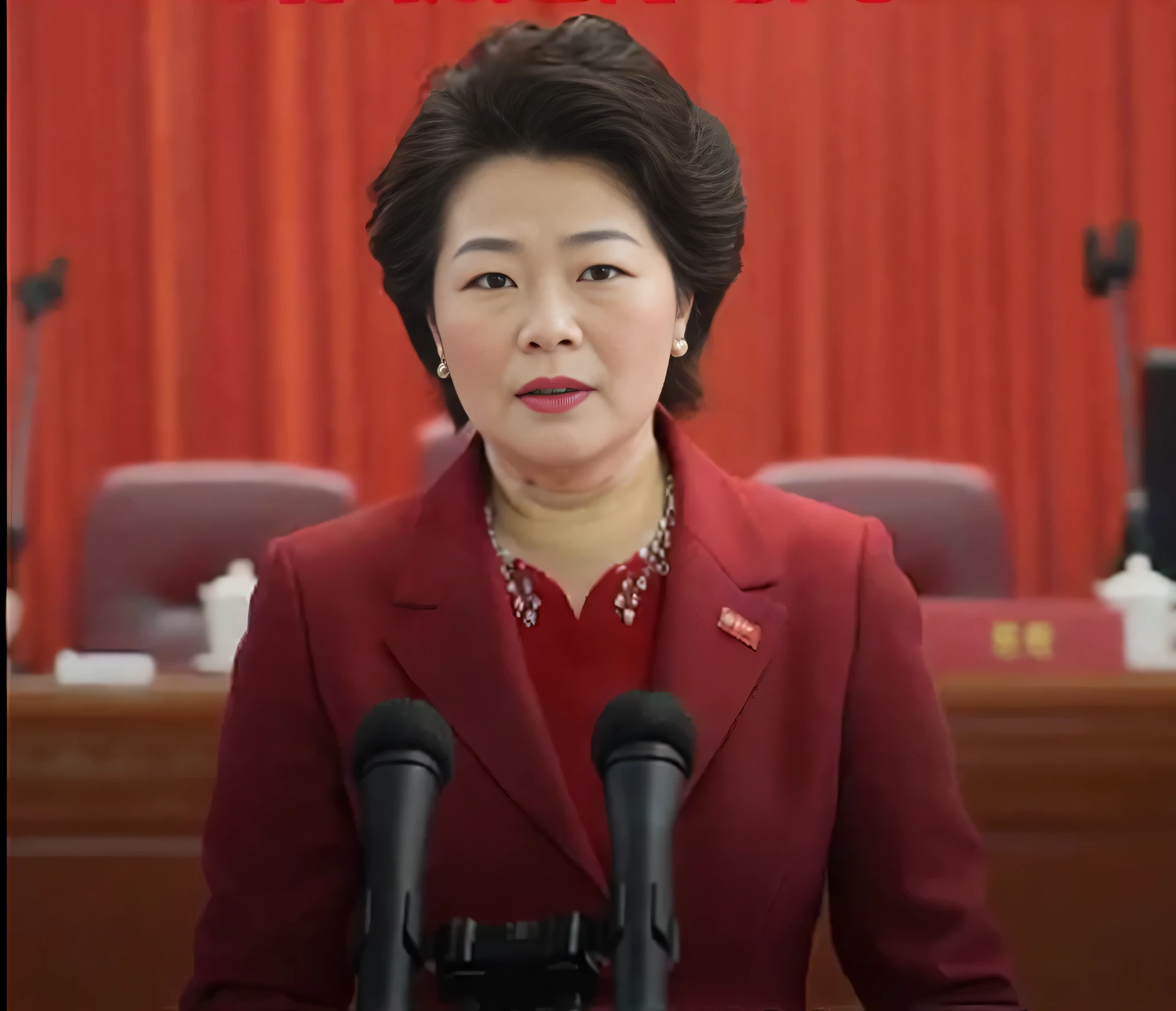 image of a woman in a red suit speaking into a microphone, Inspired by Minjin, Hito Steyer, song nan li, yun ling, Inspired by Kim Jong-hee, inspired by Jiao Bingzhen, mei-ling zhou, inspired by Gu Zhengyi, yuli ban, Inspired by Lin Tinggui, pengzhen zhang,Realism,