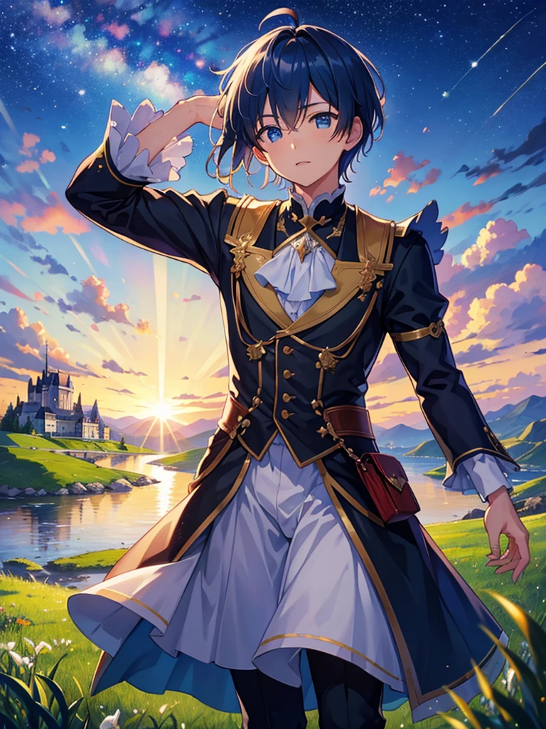 highest quality、Masterpiece、Grassland with a view of the castle、night、Starry Sky、biceps、（One boy）、One boy
