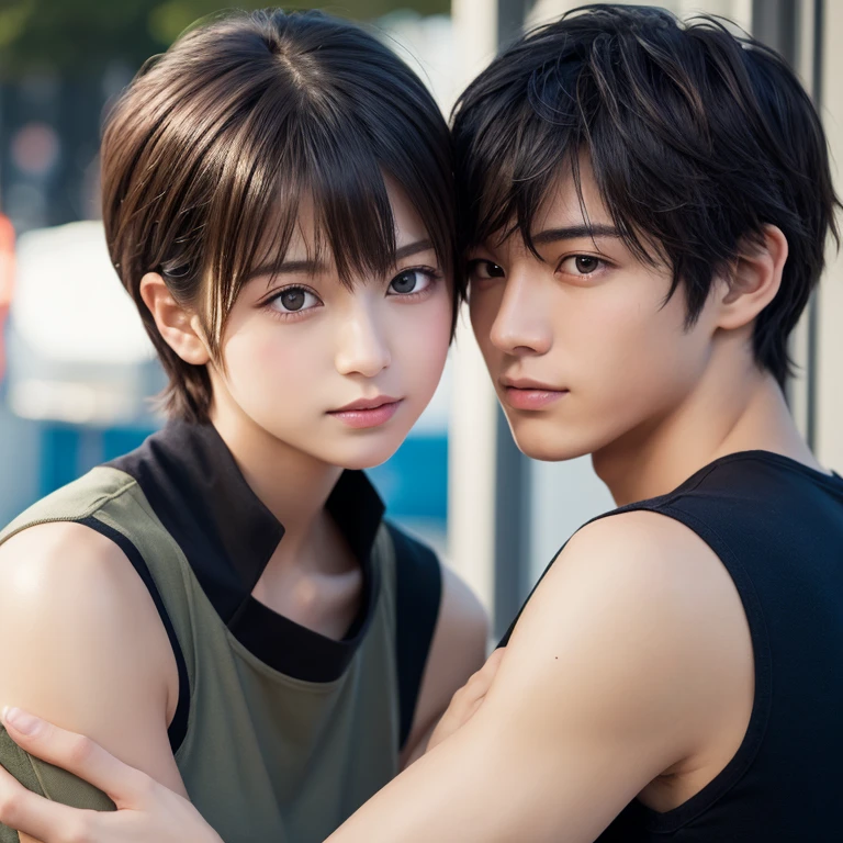 masterpiece:1.6, highest quality), Beautiful, detailed eyes: 1.2), colorful, shinkai makoto, kimi no na wa., One boy, Shaved head, Muscular, Brown eyes, , A boy caressing a girl's body, Touching the breasts, Touching the breasts, Embrace your chest, One girl, bangs, Black Hair, blush, bow, Brown eyes, collared shirt, head band, red bow, red head band, Red ribbon, , shirt, short hair, sweater Best, Best, white shirt, yellow sweater Best, yellow Best, Short skirt, Long sleeve, Puffy sleeves, Red neckerchief, indoor, sit, sitting on bed , bed,bedroom, lamp, Cowboy Shot, Face to face