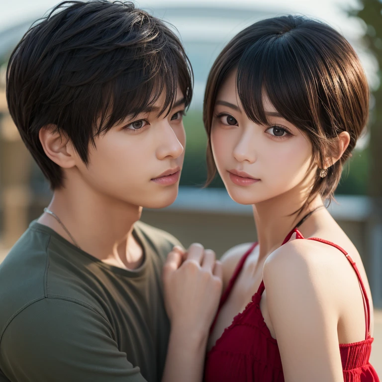 masterpiece:1.6, highest quality), Beautiful, detailed eyes: 1.2), colorful, shinkai makoto, kimi no na wa., One boy, Shaved head, Muscular, Brown eyes, , A boy caressing a girl's body, Touching the breasts, Touching the breasts, Embrace your chest, One girl, bangs, Black Hair, blush, bow, Brown eyes, collared shirt, head band, red bow, red head band, Red ribbon, , shirt, short hair, sweater Best, Best, white shirt, yellow sweater Best, yellow Best, Short skirt, Long sleeve, Puffy sleeves, Red neckerchief, indoor, sit, sitting on bed , bed,bedroom, lamp, Cowboy Shot, Face to face