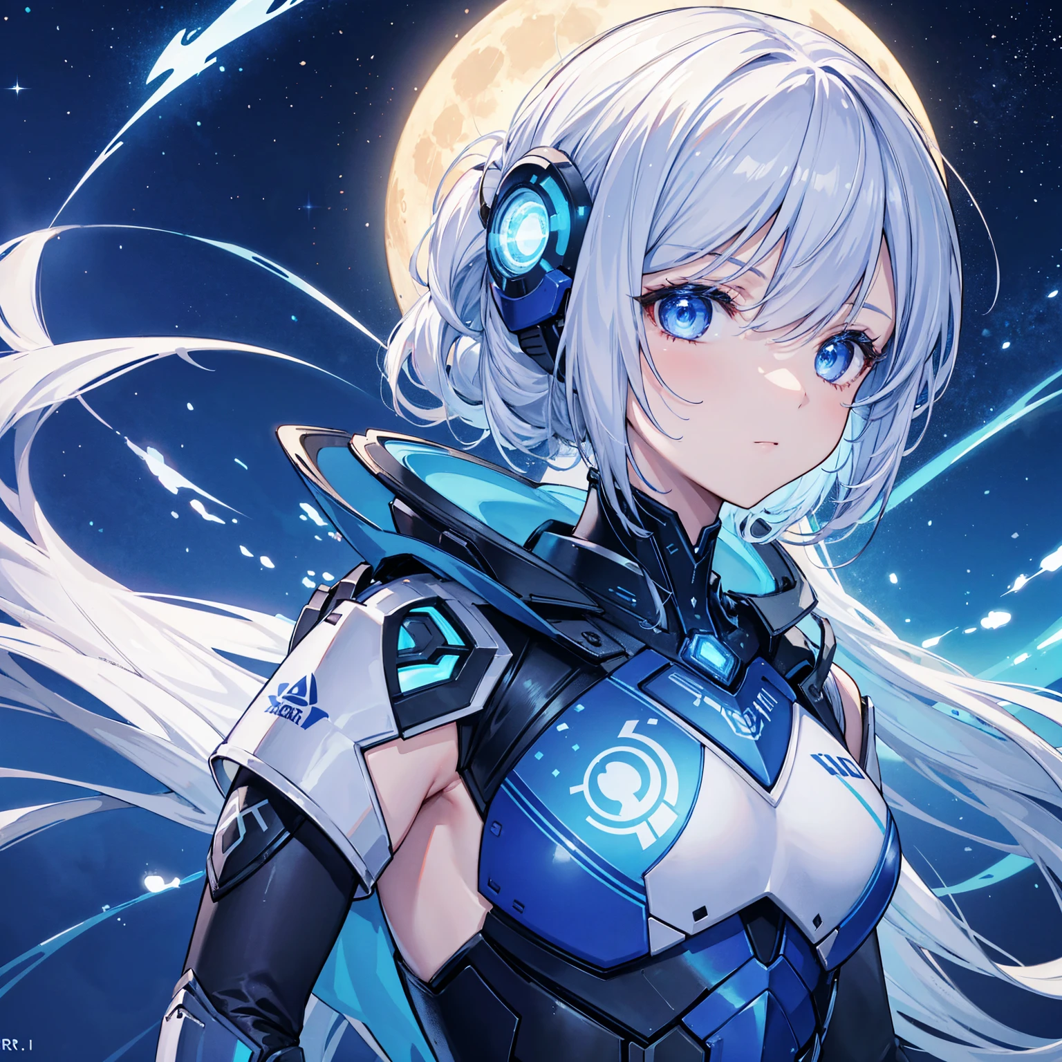 8k, highest quality, (real:1.4), Original photo, 1 girl, Asari Hair, Biological Amplifier, refined armor, posture: Peace talks between warring factions, smart blue eyes,Big moon in the background
