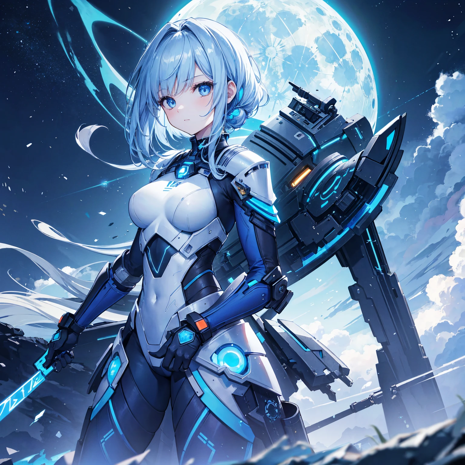 8k, highest quality, (real:1.4), Original photo, 1 girl, Asari Hair, Biological Amplifier, refined armor, posture: Peace talks between warring factions, smart blue eyes,Big moon in the background