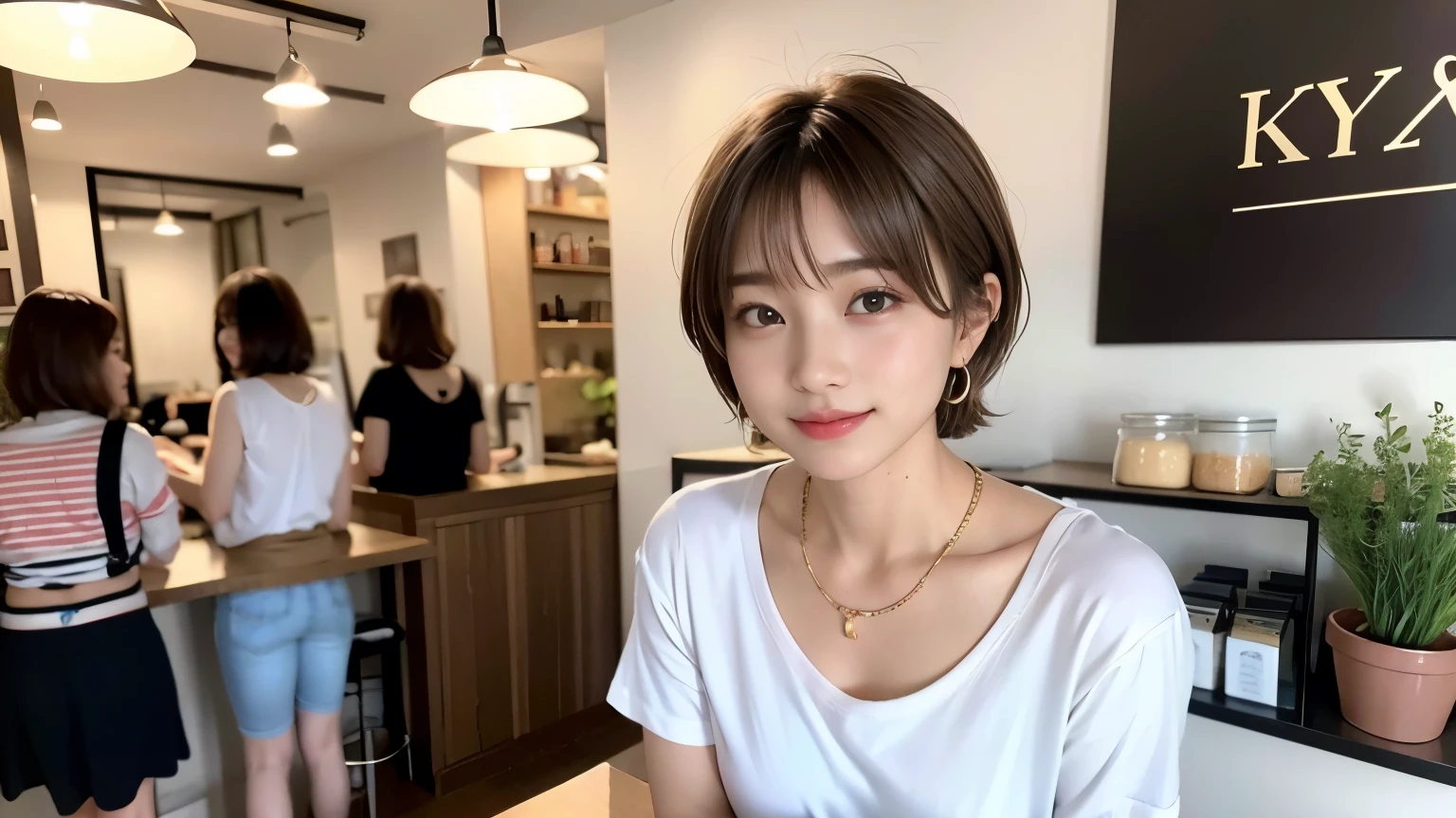 super high quality, Short Hair, Slender, Gravure photoshoot, The staff is working at the counter in the back., (8k、RAW Photos、highest quality、masterpiece:1.2), Japanese Idol, Stylish café, (Realistic、Photorealistic:1.37), Urban Cafe, Golden Ratio, Raw photo, Cute face , Light Brown Hair, Earrings, Small breasts, Bright cafe interior, Spring Clothes, necklace,  28 years old, A kind smile, Hair blowing in the wind, Neat clothes, T-Shirts, 