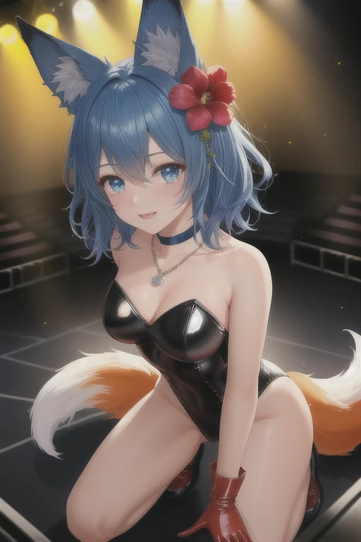 verinadef, blue hair, hair ornament, medium hair,  hair flower, gloves, red latex gloves,
detailed eyes, shining eyes, 
choker, necklace, on stage, shining skin, light up skin, oily detailed skin, 
((vivid light up to the stage)), (fox ears), a fox tail, orange  leotard, kneeling , arms open,
The crowd is cheering loudly, vivid color light up, vibrant colors, masterpiece, sharp focus, enhanced color contrast, from above, side dynamic angle,
((highly detailed background:1.2)),(masterpiece:1.2), best quality, 