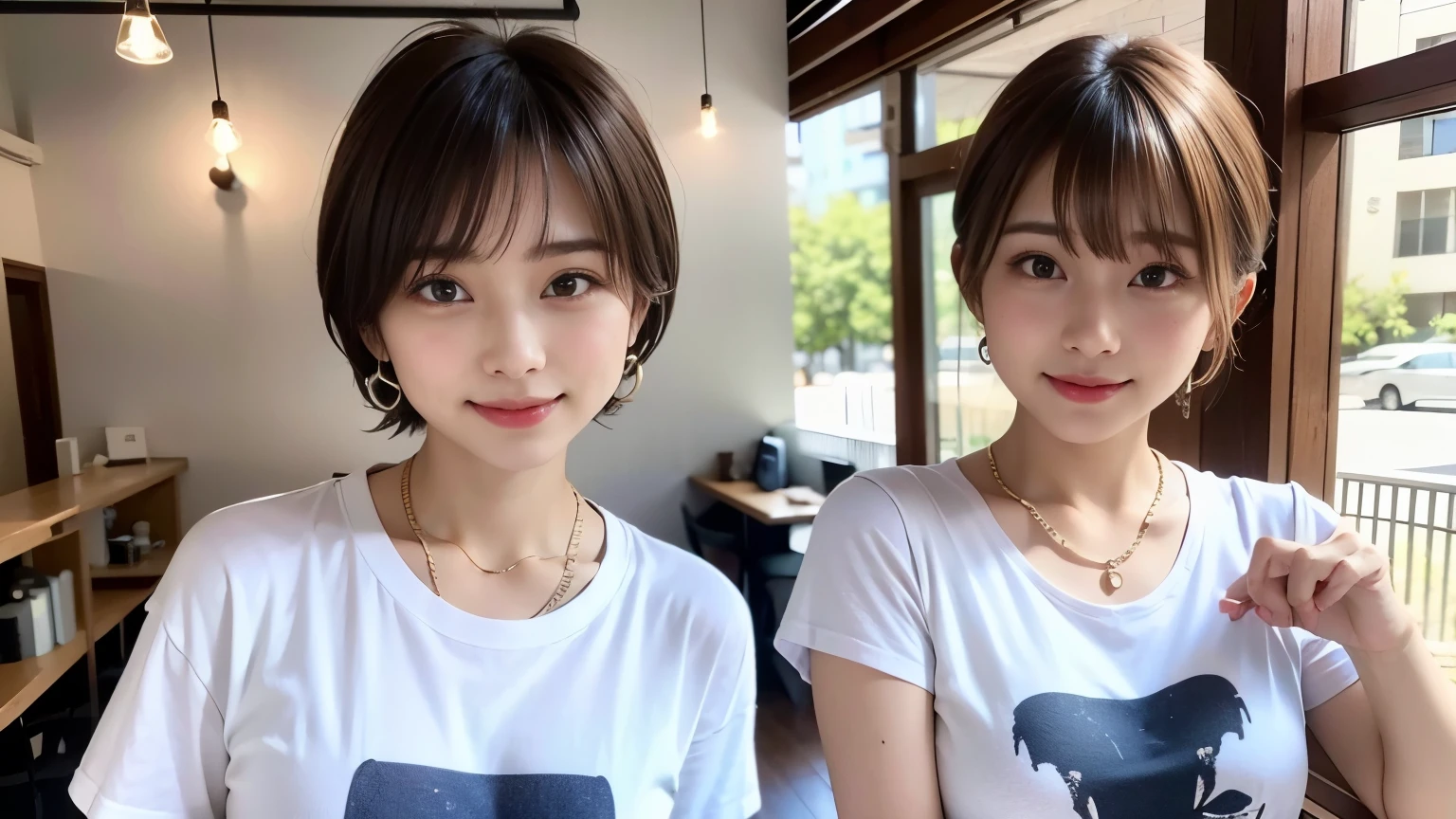 super high quality, Short Hair, Slender, Gravure photoshoot, The staff is working at the counter in the back., (8k、RAW Photos、highest quality、masterpiece:1.2), Japanese Idol, Stylish café, (Realistic、Photorealistic:1.37), Urban Cafe, Golden Ratio, Raw photo, Cute face , Light Brown Hair, Earrings, Small breasts, Bright cafe interior, Spring Clothes, necklace, 28 years old, A kind smile, Hair blowing in the wind, Neat clothes, T-Shirts,
