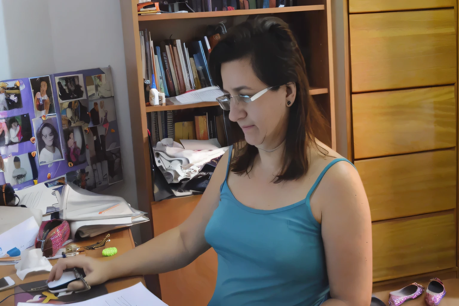 woman sitting at a desk with a laptop and papers in front of her, in the office, photo of jessica devic, sat at her desk, moleksandra shchaslyva, meni chatzipanagiotou, sandra chevier, shoulder in front pose, valentina remenar, anastasia ovchinnikova