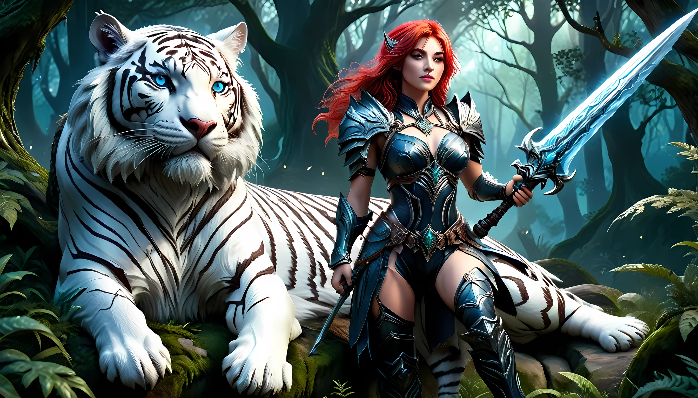 high details, best quality, 16k, [Ultra detailed], masterpiece,  best quality, (extremely detailed), dynamic angle, ultra wide shot, RAW, photorealistic, fantasy art, RPG art, realistic art, a wide angle picture of an epic female elf ranger and her pet (white tiger: 1.3),  warrior of nature, fighter of nature, full body, [[anatomically correct]] full body (intricate details, Masterpiece, best quality: 1.5) talking to an epic ((white tiger: 1.5)) (intricate details, Masterpiece, best quality: 1.6) armed with an epic magical sword  (intricate details, Masterpiece, best quality: 1.5) epic magical sword Wielding sword, glowing in blue light , in dark forest ( intricate details, Masterpiece, best quality: 1.4), a female beautiful epic drow wearing leather armor (intricate details, Masterpiece, best quality: 1.5), leather boots, thick hair, long hair, red hair, pale skin intense eyes, forest  background (intense details), moon light, stars light, clouds (intricate details, Masterpiece, best quality: 1.5), dynamic angle, (intricate details, Masterpiece, best quality: 1.3), high details, best quality, highres, ultra wide angle, ladyshadow, 