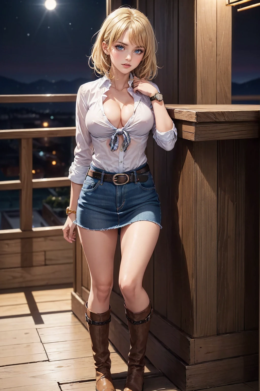 (((1 person:2.0))),(((Cowgirl Costume))),(((Denim mini skirt))),(((Wear a brown leather belt))),(((No sleeve, Plaid, Front tie shirt.))),((Wear a metal watch on your wrist))),(((Super short boots))),(((Showing cleavage))),(((Exposed thin inner thighs))),(((Small breasts:1.5))),(((Bare arms))),(((Her hair is blonde))),((Blushed face:1.6)), Beautiful detailed girl, Very detailed目と顔, 緻密でBeautiful Eyes, Very detailed, High resolution, highest quality, masterpiece, Very detailed, 8k wallpaper, wonderful, finely, highest quality, The light shines on your face,,(Night Bar),Beautiful Eyes,Being drunk,Above the knee shot,Are standing
