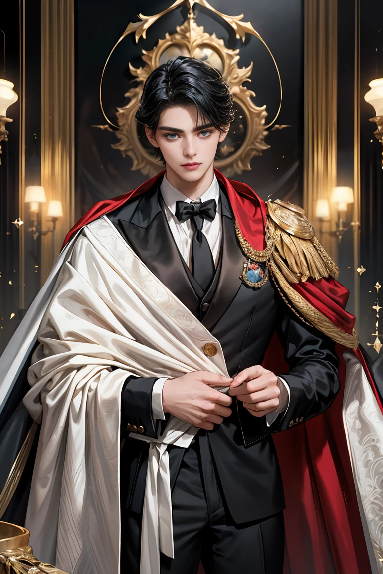 masterpiece, 最high quality, high quality, 1 boy, alone, Male focus, Watching the audience, Messy black hair, Adorable big blue eyes, White, Noble, Noble, Tuxedo、A very voluminous, large, very large, very large, long, long red and black cape made with a lot of fabric that reaches down to the floor, with a stand-up collar that is higher than the face., ,Cute beautiful boys,Cute, cute, kind, handsome guy