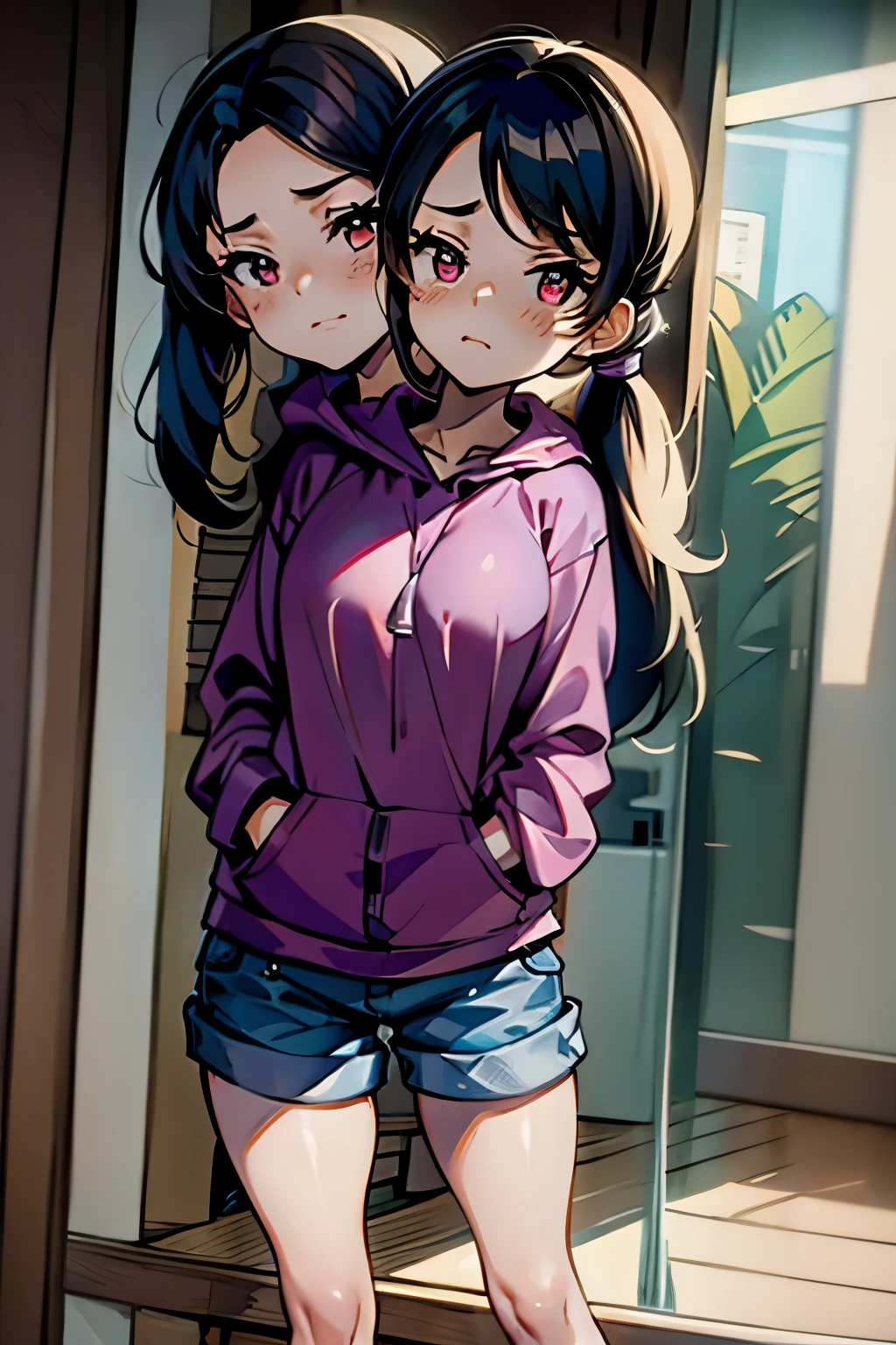 conjoined, 2heads, girl with two heads instead of one, 2head, cuerpo curvilineo, brazos curvilineos, usando shorts, ropa abrigada, piernas curvilineas, anime cartoon, using a purple hoodie, each head has a ponytail, anatomia proporcionada, torso ancho, pechos medianos
