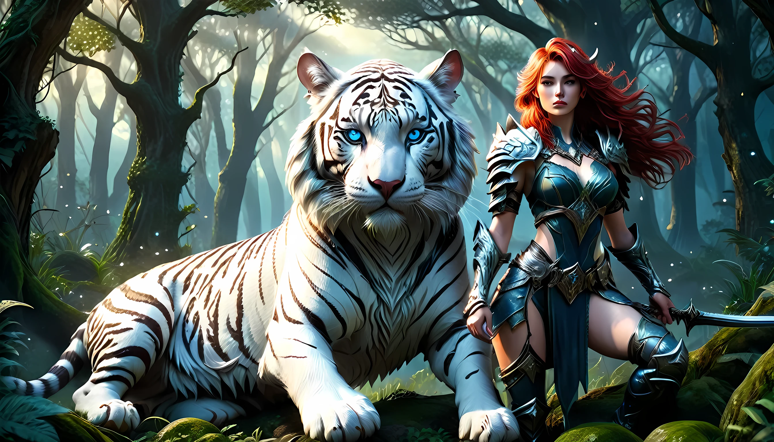 high details, best quality, 16k, [Ultra detailed], masterpiece,  best quality, (extremely detailed), dynamic angle, ultra wide shot, RAW, photorealistic, fantasy art, RPG art, realistic art, a wide angle picture of an epic female elf ranger and her pet (white tiger: 1.3),  warrior of nature, fighter of nature, full body, [[anatomically correct]] full body (intricate details, Masterpiece, best quality: 1.5) talking to an epic ((white tiger: 1.5)) (intricate details, Masterpiece, best quality: 1.6) armed with an epic magical sword  (intricate details, Masterpiece, best quality: 1.5) epic magical sword Wielding sword, glowing in blue light , in dark forest ( intricate details, Masterpiece, best quality: 1.4), a female beautiful epic drow wearing leather armor (intricate details, Masterpiece, best quality: 1.5), leather boots, thick hair, long hair, red hair, pale skin intense eyes, forest  background (intense details), moon light, stars light, clouds (intricate details, Masterpiece, best quality: 1.5), dynamic angle, (intricate details, Masterpiece, best quality: 1.3), high details, best quality, highres, ultra wide angle, ladyshadow, 