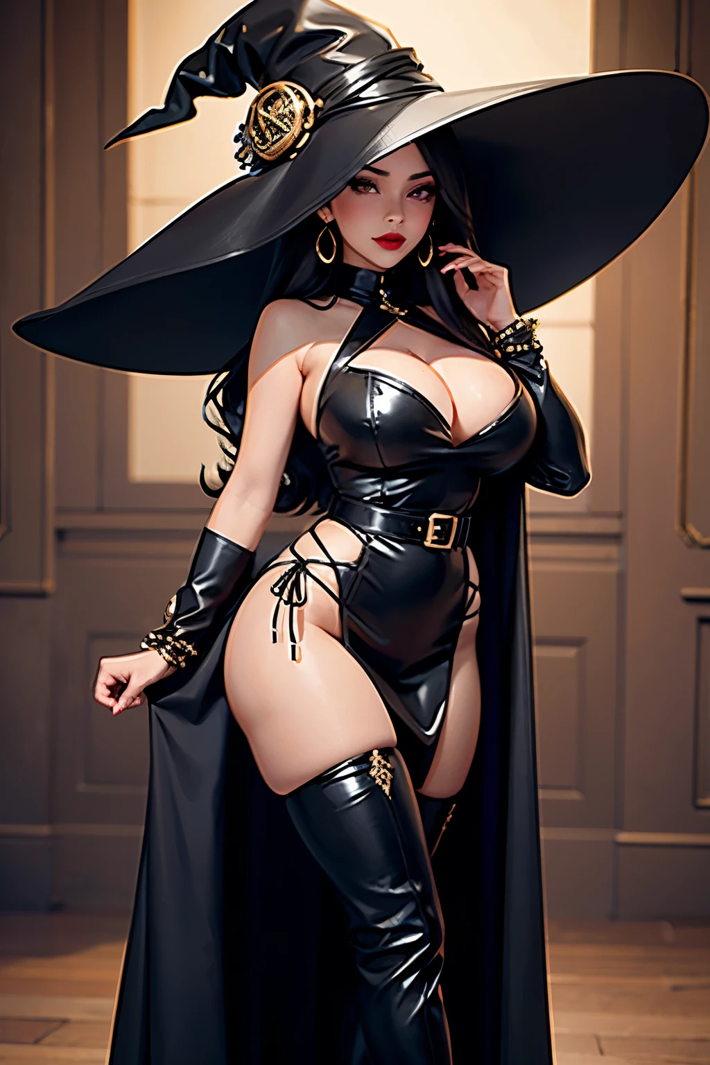 full body picture, Sultry witch, long raven hair, straight bangs, voluptuous body, dark red lipstick, curvaceous hips and thighs, wide womanly hips, narrow waist, enormous chest, slender shoulders, elegant black maxi dress with side slits up to hips, high heeled leather thigh high belted boots, stiletto heels on thigh-high belted boots, thigh-high belted leather boots, large witch hat, dark red lipstick, black eyeshadow, seductive smile, statement earrings, extreme detail description,professional, Natural and soft anime colors with a dreamy atmosphere, detailed face