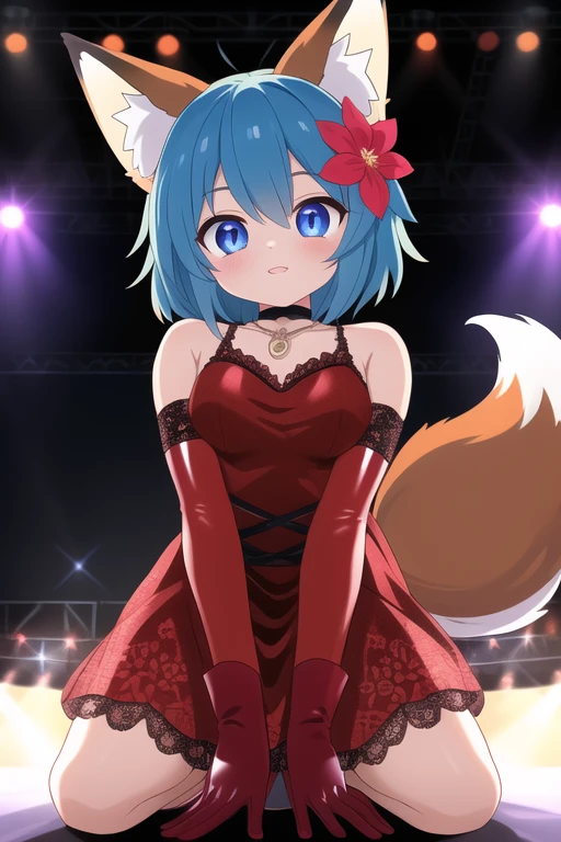verinadef, blue hair, hair ornament, medium hair,  hair flower, gloves, red latex gloves,
detailed eyes, shining eyes, 
choker, necklace, on stage, shining skin, light up skin, oily detailed skin, 
((vivid light up to the stage)), (fox ears), a fox tail, orange  lace  dress, kneeling , arms open,
The crowd is cheering loudly, vivid color light up, vibrant colors, masterpiece, sharp focus, enhanced color contrast, from below, side dynamic angle,
((highly detailed background:1.2)),(masterpiece:1.2), best quality, 