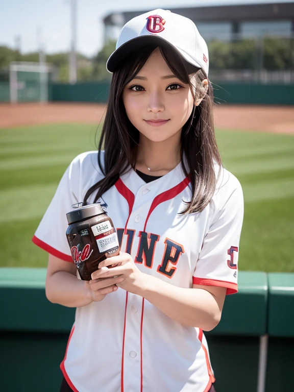 masterpiece, highest quality, High resolution,alone,Brown,artistic,Best lighting,casual,Flat Chest,Beautiful Face,expensive,smile,light makeup,Age 24,Calm woman,Detailed Hair,Laughing woman,Face Focus,Forehead,A woman in a baseball uniform,jogging
