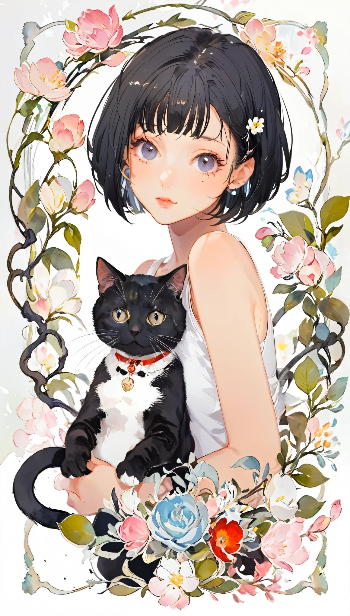 1girl, black short hair, bob cut, white tank top, cat on girl, card style