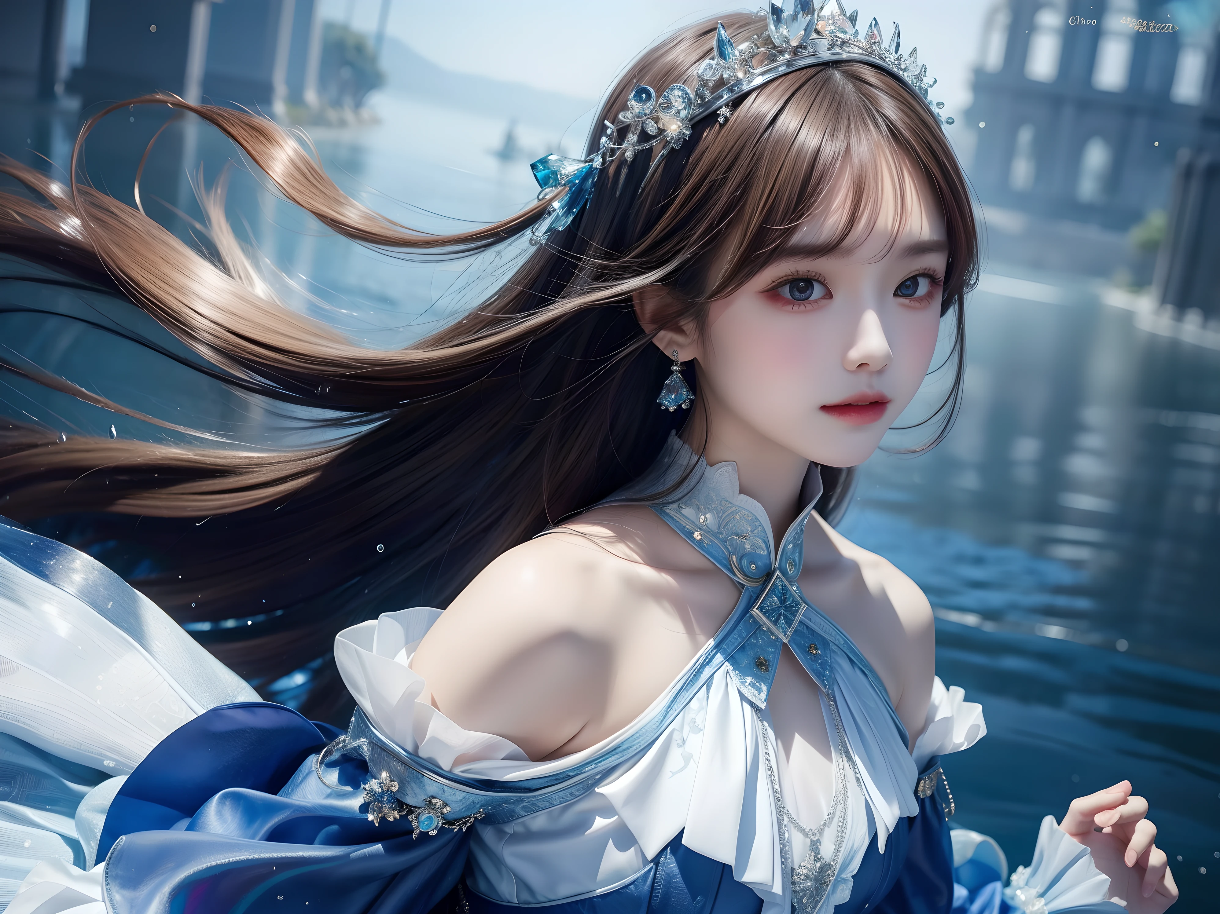 (Masterpiece, top quality, best, official art, beautiful and aesthetic: 1.2), smooth movement, charming pattern, 1 girl, (long skirt with sleeves: 1.3), blue clothes, upper body close-up, off-the-shoulder, Chinese girl, portrait, solo, upper body, gaze observer, detailed background, detailed face, (crystallineAI, crystalline theme: 1.1), elemental water sprite, rotating water, control water, sapphire clothes, dynamic pose, Floating particles, ethereal power, water, vapor, crystal in the background, blue tones, ethereal atmosphere, ((upper body photo)),
