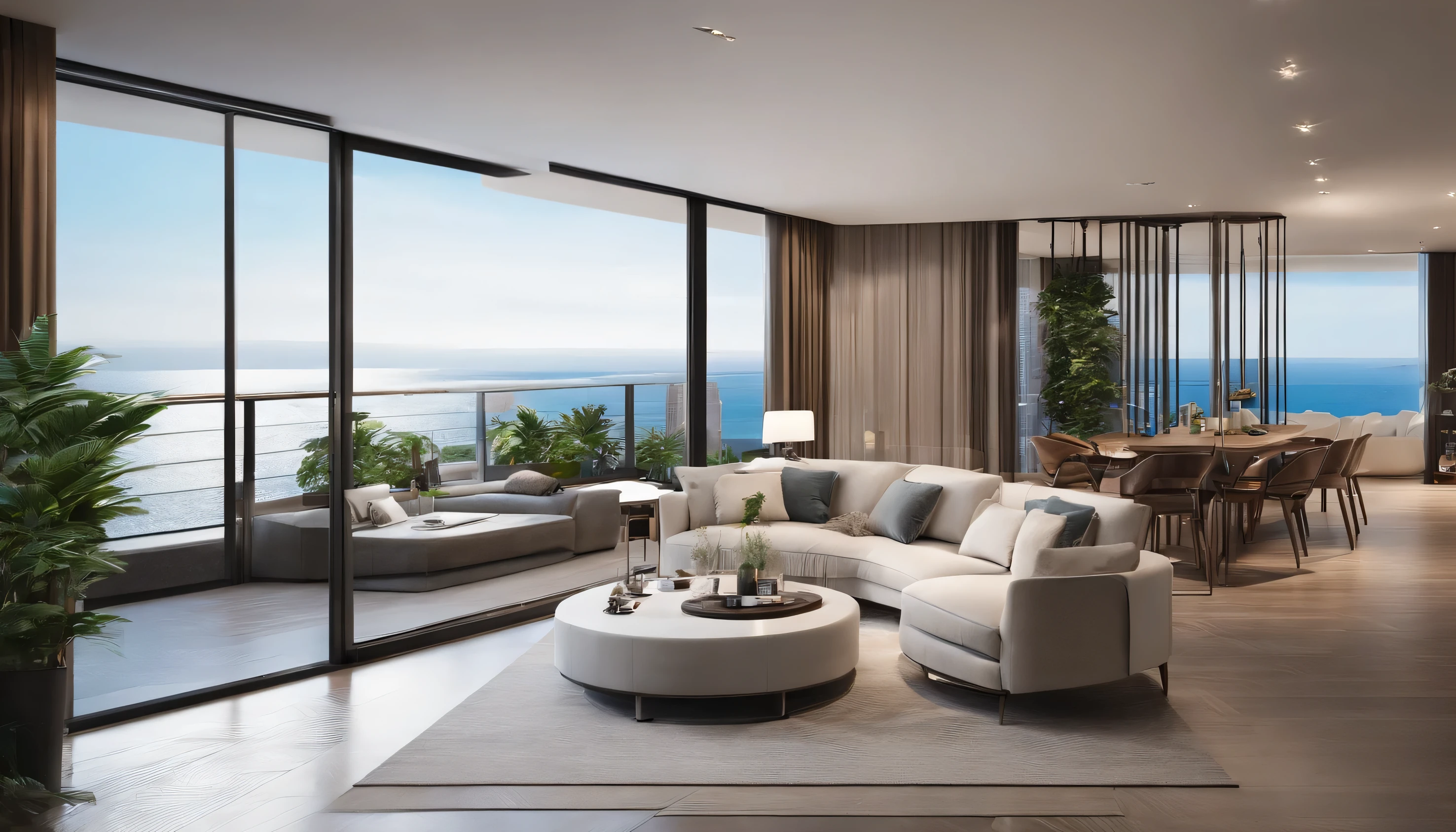 Describe a luxurious 1-bedroom apartment in a modern high-rise building with the following features: * A highly detailed and precise kitchen with 8K/16K resolution * Blue wallpaper and curtains * White floors * A large window allowing natural light and a view of the ocean * A sunlit space with a sunrise vibe * A natural atmosphere * A stylized, urban feel * A single, well-placed potted plant * A stylish stand lamp * A tower-style apartment with a sense of grandeur Please provide a vivid and detailed description of this apartment, focusing on the aesthetic appeal and sense of luxury it exudes.