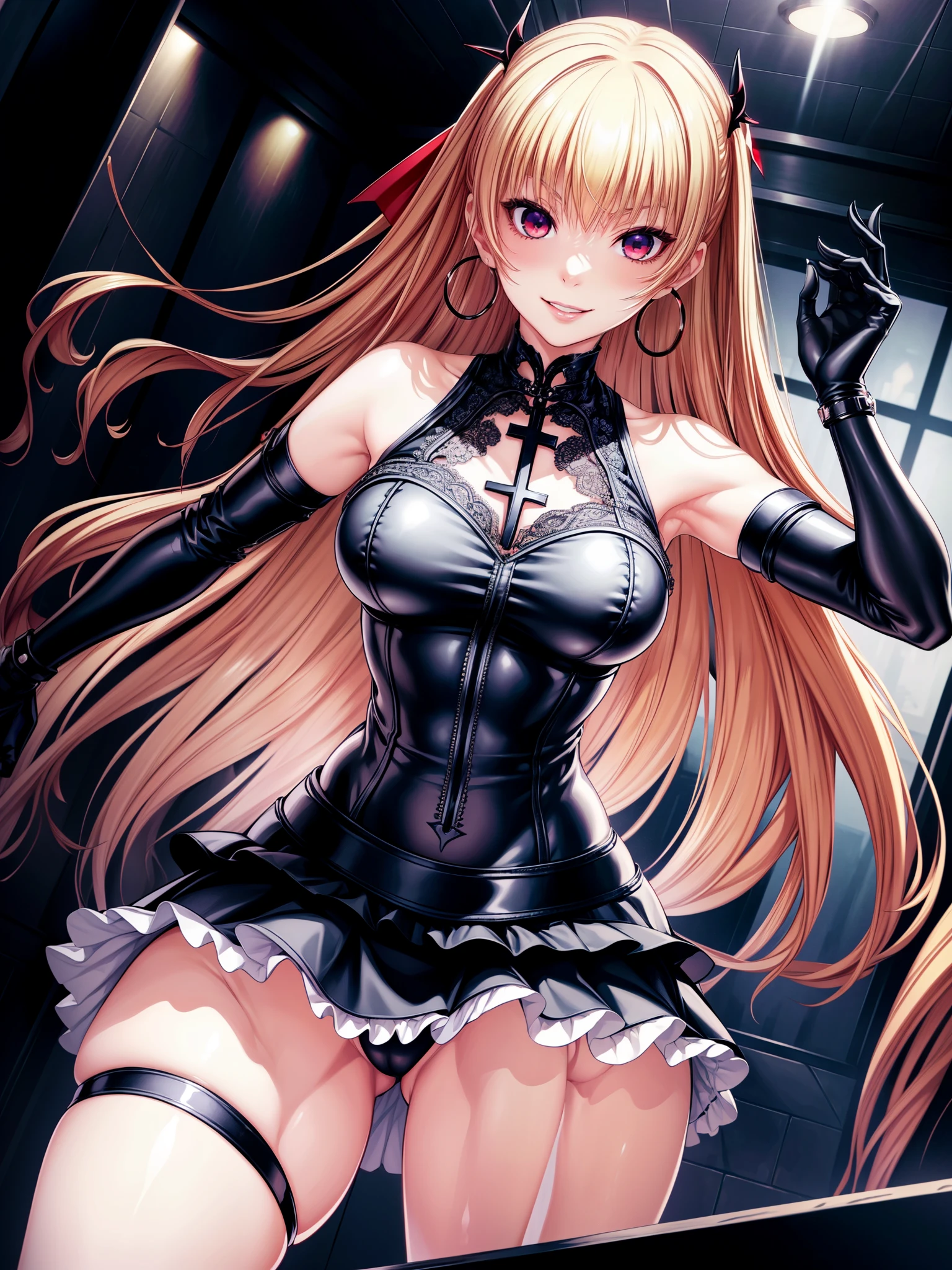 ((highest quality))、((Very detailed))、masterpiece、(黒いlips:1.4)、(White skin:1.4)、((Official Art))、Detailed face、Beautiful Face、(Cross lace clothing:1.3)、Narrow Waist:1.3、Queen:1.4、(Intricate black dress:1.4)、(Detailed eyes、Deep Eyes)、(SF、cyber punk:1.3)、(Street、shopping)、(Pause:1.3)、(dance:1.3)、((Grin、grinning、Naughty face、A seductive smile、Proud face))、Cowboy Shot、(lips)、(Red eyes:1.3)、(spike bracelet)、corset:1.4、(Black hoop earrings:1.3)、Curvaceous、Voluptuous body、(make:1.5) (lips:1.3)、(latex:1.3)、(Black tube top:1.2)、gloves、Elbow Gloves、skirt、Black choker、ペンシルskirt、pantyhose、ミニskirt、(黒のskirt)、黒のgloves、Black legwear、Black nails、Large Breasts:1.2、(Exquisitely detailed、Super detailed)、Blurred Background、Depth of written boundary、highest quality、masterpiece、Exquisite details、Tone Mapping、Sharp Focus、Super detailed、Trending on Artstation、1 girl、solo、High resolution、Official Art、RockOfSuccubus、joutouguu mayumi、1 girl、Double dango、Blonde Hair、Short Hair、Hair Ribbon、Yellow Eyes、Huge breasts、Thick thighs、Wide hips、、、
