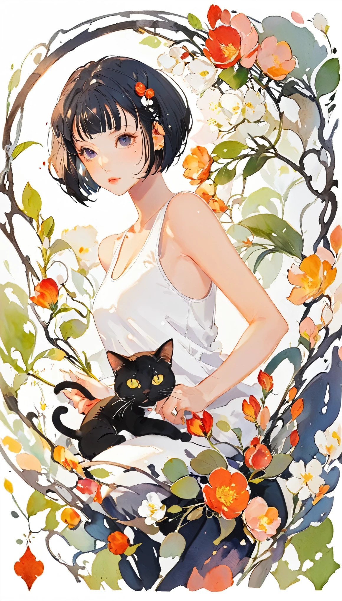 1girl, black short hair, bob cut, white tank top, cat on girl, card style