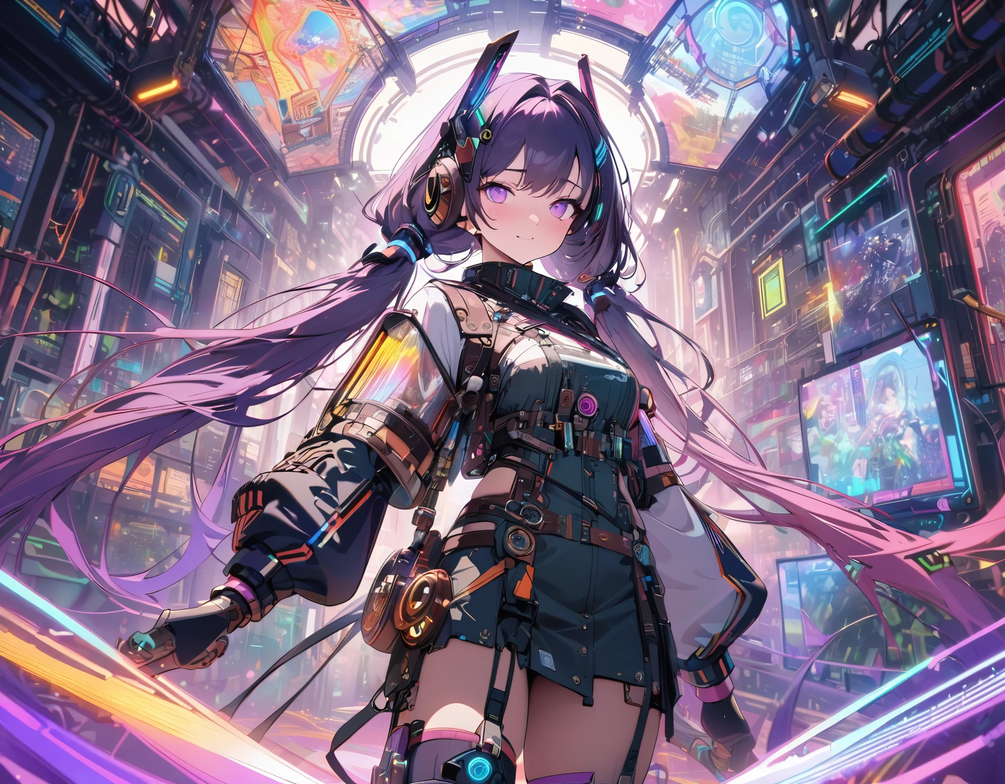 best quality, super fine, 16k, incredibly absurdres, extremely detailed, delicate and dynamic, (two beautiful female cyber warriors:1.7) with purple eyes and braided low twin tails with gradient from white to purple at the ends, captivating look, aroused expression, stained glass kaleidoscope made of jewels of various colors, with mechanical mechanisms, clockwork mechanisms, and gear mechanisms, transparent translucent anatomy, iridescent neon colors wiring diagram and LED, X-ray made of transparent crystal, precision machinery inside, circuit boards, diagrams, complex and innumerable colorful cables, IC chips, resistors, capacitors, light-emitting diodes, timers, picture frame and background that mixes and fuses steampunk, dieselpunk, cyberpunk and clockpunk, analyzer room lab, various image effects, world artwork