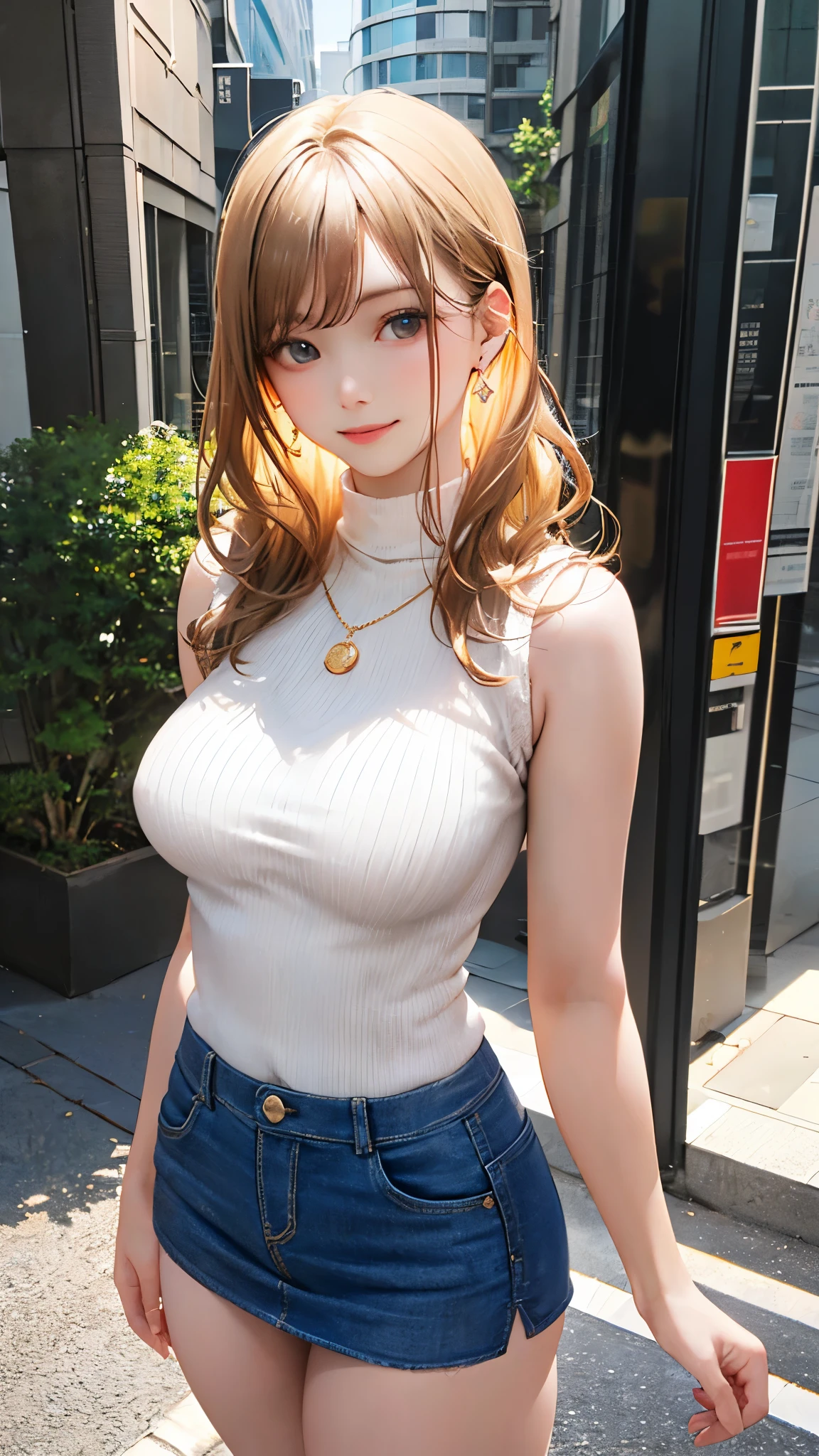 (masterpiece:1.2, top-quality), (realistic, photorealistic:1.4), beautiful illustration, (natural side lighting, movie lighting),
looking at viewer, full body, 1 girl, japanese, 20 years old, perfect face, perfect body, cute and symmetrical face, shiny skin, babyface, bare arms,
(long hair, wavy hair, sideburns, hair intakes, blond hair), swept bangs, gold eyes, big eyes, (medium breasts, seductive thighs), puffy nipple, ,
beautiful hair, beautiful face, beautiful detailed eyes, beautiful clavicle, beautiful body, beautiful chest, beautiful thigh, beautiful legs, beautiful fingers,
((symmetrical clothing, beige turtleneck sleeveless knit, denim mini skirt), , necklace, earring), high heel,
(beautiful scenery), evening, (city street), forward bends with emphasis on the chest, emphasis on the buttocks, (lovly smile, upper eyes),