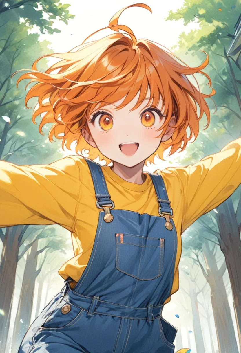 Cheerful girl、Orange Hair、short hair with a flip out、Ahoge、Yellow sweatshirt、Active、Tree Eyes、Energetic、Orange Eyes、Blue Overalls