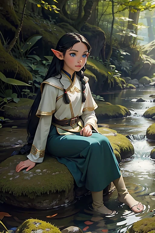 Artwork, best quality, 1 elf, 1 girl, long black hair in braids, blue eyes, small bust, looking at the viewer, forest stream location, Alone, Beautiful 18 year old elf wearing light palatial clothing sitting on a rock facing the stream