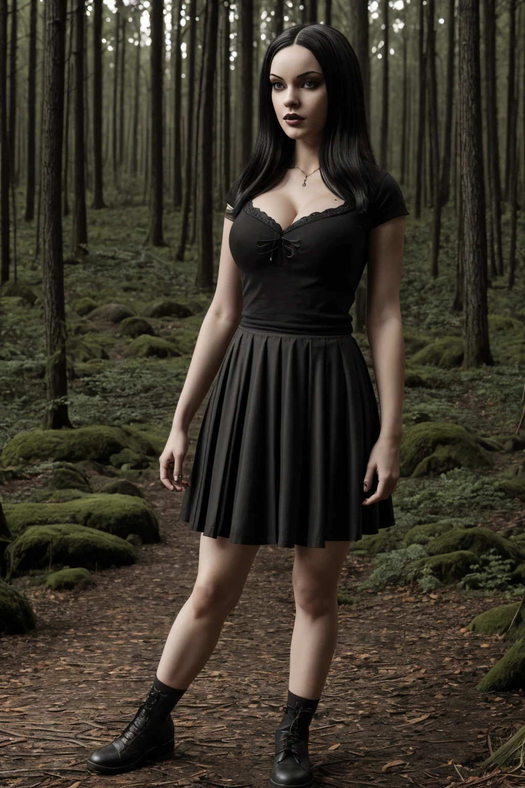 Mavis Dracula, goth girl, ((Artwork, best quality)), detailed skin, 16k, highly detailed, Cinematic lighting, ultra realistic, blushing, looking at viewer, black hair, short hair, pale-white skin, air free, cleavage, big breasts, wide hips, full body view, tall, skirt, miniskirt, microskirt, pleated skirt, thighs, head, standing in the forest, black lipstick, cute, lit, realistic shading, gothic aesthetic, atmosphere dream, 