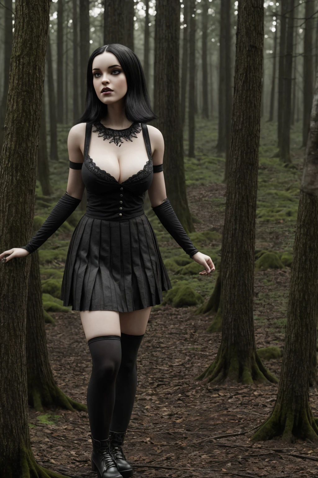 Mavis Dracula, goth girl, ((Artwork, best quality)), detailed skin, 16k, highly detailed, Cinematic lighting, ultra realistic, blushing, looking at viewer, black hair, short hair, pale-white skin, air free, cleavage, big breasts, wide hips, full body view, tall, skirt, miniskirt, microskirt, pleated skirt, thighs, head, standing in the forest, black lipstick, cute, lit, realistic shading, gothic aesthetic, atmosphere dream, 