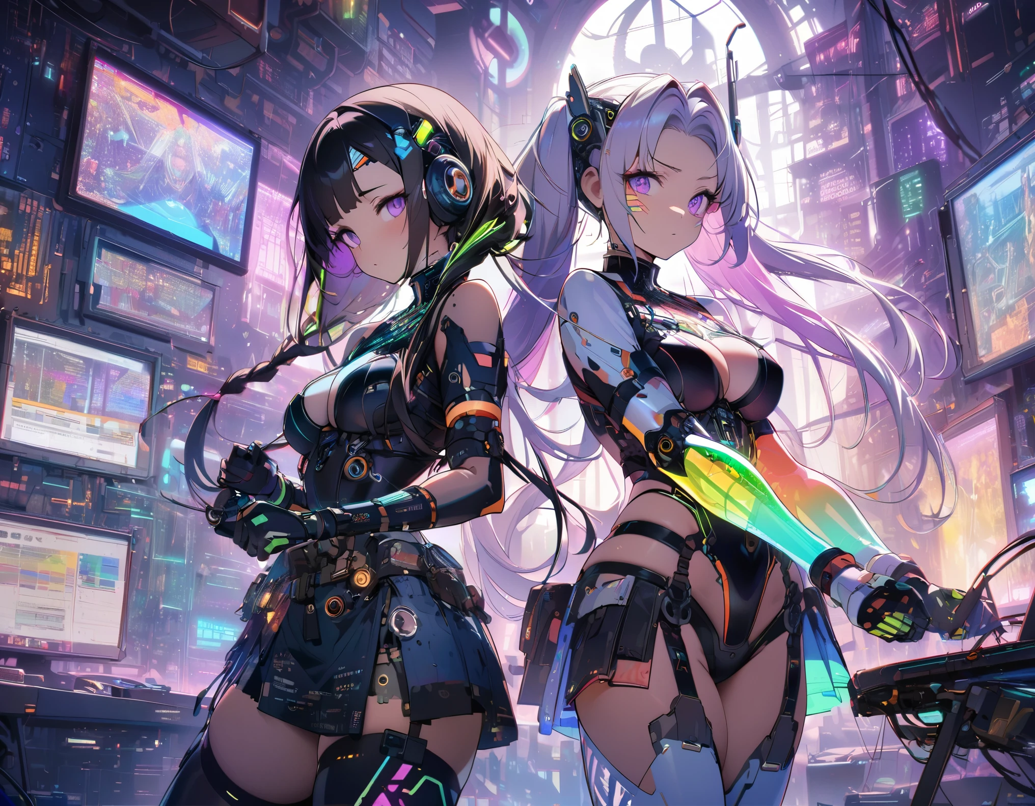 best quality, super fine, 16k, incredibly absurdres, extremely detailed, delicate and dynamic, (two beautiful female cyber warriors:1.9) with purple eyes and braided low twin tails with gradient from white to purple at the ends, captivating look, aroused expression, online meeting, stained glass kaleidoscope made of jewels of various colors, with mechanical mechanisms, clockwork mechanisms, and gear mechanisms, transparent translucent anatomy, iridescent neon colors wiring diagram and LED, X-ray made of transparent crystal, precision machinery inside, circuit boards, diagrams, complex and innumerable colorful cables, IC chips, resistors, capacitors, light-emitting diodes, timers, picture frame and background that mixes and fuses steampunk, dieselpunk, cyberpunk and clockpunk, analyzer room lab, various image effects, world artwork