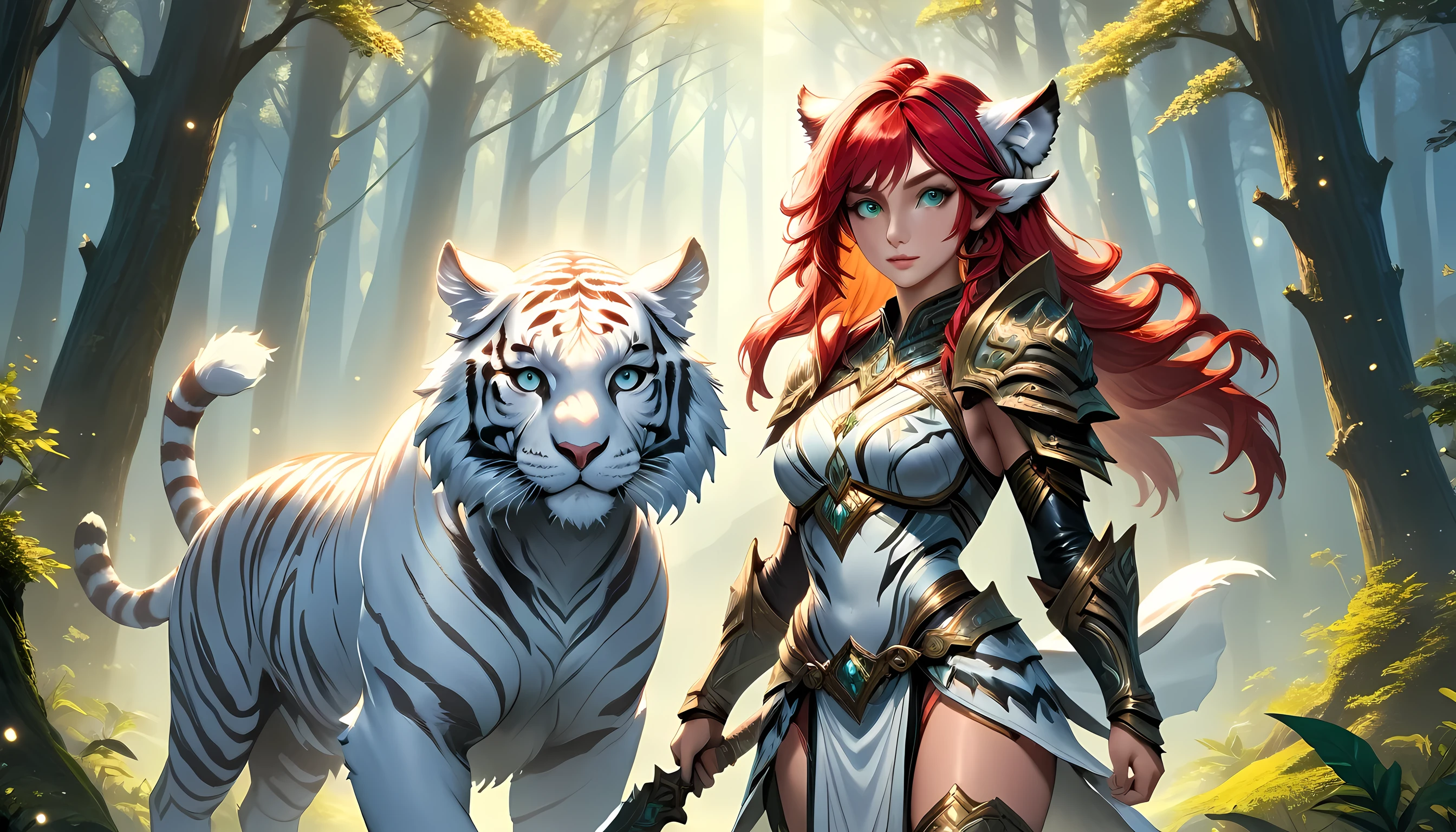 high details, best quality, 16k, [Ultra detailed], masterpiece,  best quality, (extremely detailed), dynamic angle, ultra wide shot, RAW, photorealistic, fantasy art, RPG art, realistic art, a wide angle picture of an epic female elf ranger and her pet (white tiger: 1.3),  warrior of nature, fighter of nature, full body, [[anatomically correct]] full body (intricate details, Masterpiece, best quality: 1.5) talking to an epic ((white tiger: 1.5)) (intricate details, Masterpiece, best quality: 1.6) armed with an epic magical sword  (intricate details, Masterpiece, best quality: 1.5) epic magical sword Wielding sword, glowing in blue light , in dark forest ( intricate details, Masterpiece, best quality: 1.4), a female beautiful epic drow wearing leather armor (intricate details, Masterpiece, best quality: 1.5), leather boots, thick hair, long hair, red hair, pale skin intense eyes, forest  background (intense details), moon light, stars light, clouds (intricate details, Masterpiece, best quality: 1.5), dynamic angle, (intricate details, Masterpiece, best quality: 1.3), high details, best quality, highres, ultra wide angle, ladyshadow, 