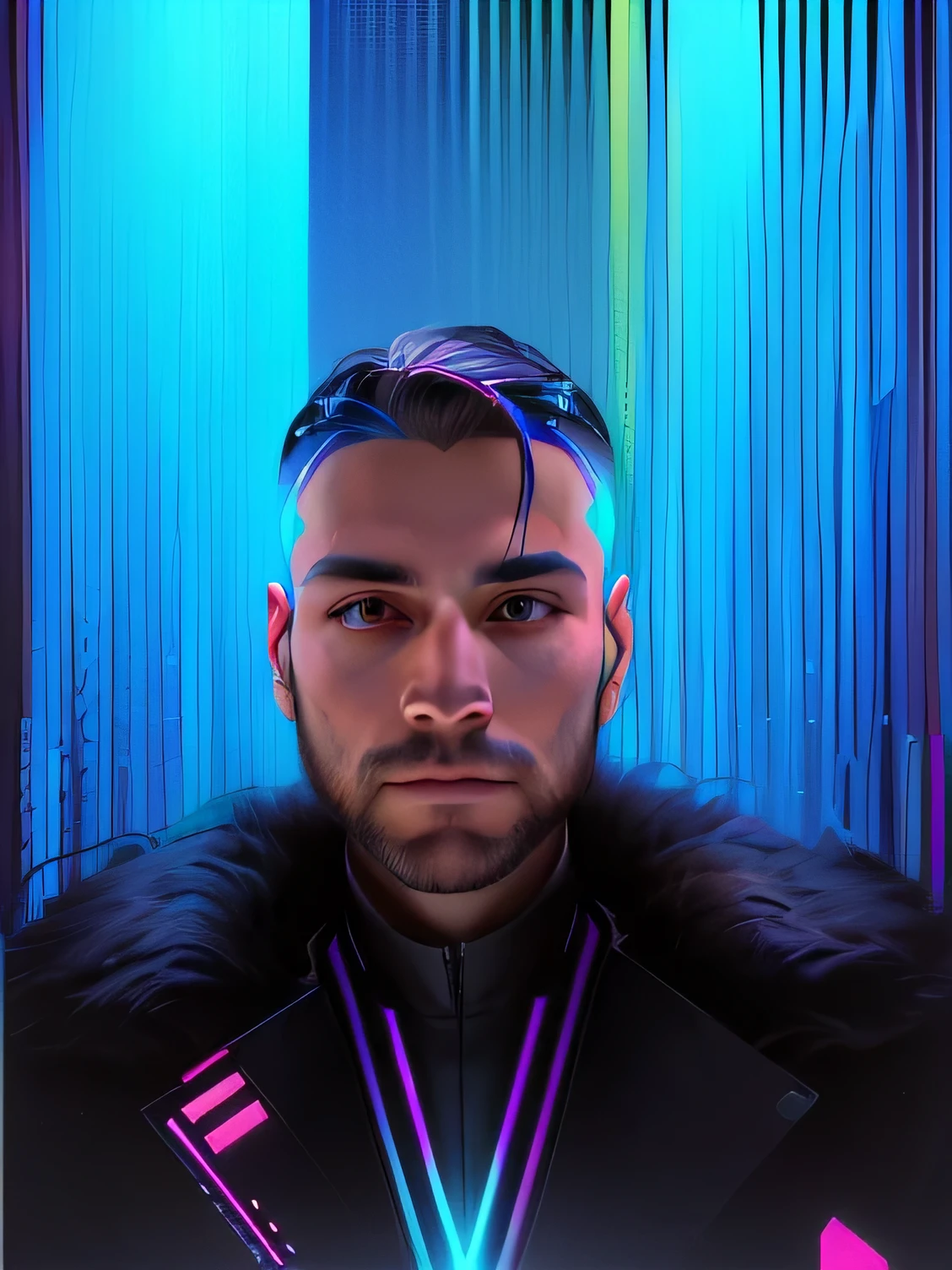 a man sits in front of a colorful wall, 4k symmetrical portrait, 4K symmetrical portrait, Selfie photography in 8k resolution, glitchy, video glitch, looking straight into the camera, Jared Forest on glitchchart, nft-portrait, Hyper-realistic symmetrical 8K, frontal photography, there is a self-portrait, unexpected glitch art, Symmetrical science fiction portrait
