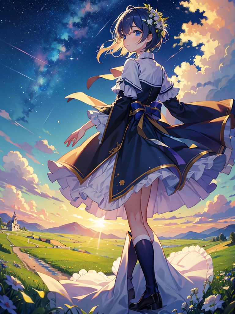 highest quality、Masterpiece、Grassland with a view of the castle、night、Starry Sky、(One boy)、One boy
、Prince Clothes
