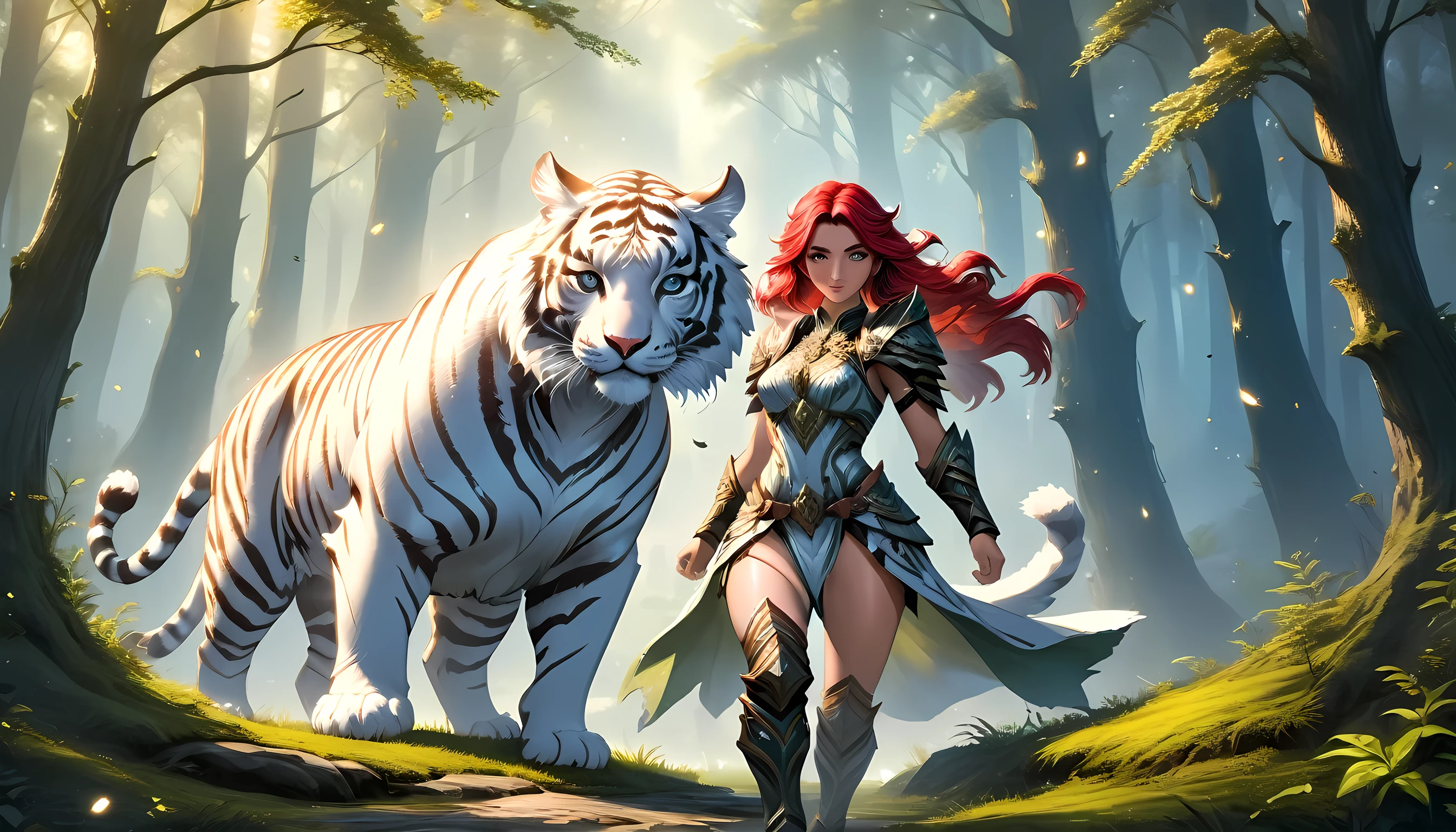 high details, best quality, 16k, [Ultra detailed], masterpiece,  best quality, (extremely detailed), dynamic angle, ultra wide shot, RAW, photorealistic, fantasy art, RPG art, realistic art, a wide angle picture of an epic female elf ranger and her pet (white tiger: 1.3),  warrior of nature, fighter of nature, full body, [[anatomically correct]] full body (intricate details, Masterpiece, best quality: 1.5) talking to an epic ((white tiger: 1.5)) (intricate details, Masterpiece, best quality: 1.6) armed with an epic magical sword  (intricate details, Masterpiece, best quality: 1.5) epic magical sword Wielding sword, glowing in blue light , in dark forest ( intricate details, Masterpiece, best quality: 1.4), a female beautiful epic drow wearing leather armor (intricate details, Masterpiece, best quality: 1.5), leather boots, thick hair, long hair, red hair, pale skin intense eyes, forest  background (intense details), moon light, stars light, clouds (intricate details, Masterpiece, best quality: 1.5), dynamic angle, (intricate details, Masterpiece, best quality: 1.3), high details, best quality, highres, ultra wide angle, ladyshadow, 