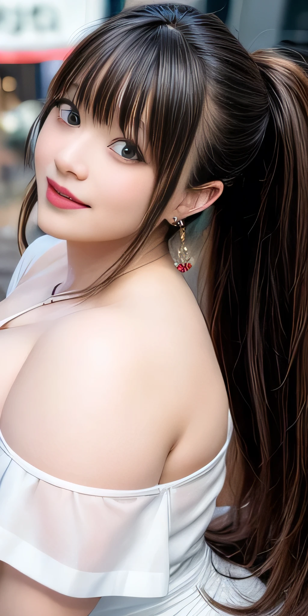 Ulzzang-6500-v1.1, (RAW Photos:1.2), (Photorealistic), (Pieces fly), (Genuine:1.4), １With a girl、Very cute girl、highest quality、Natural Lip、Fair skin、Great light、Beautiful lighting、((Straight hair))、((ponytail))、((Black Hair))、Blunt bangs、Off the shoulder、((Very huge big:1.85))、Big tits cleavage、White crop top、mini skirt、Gorgeous Accessories、Harajuku at night、smile、cute smile、Crowds in the city at night